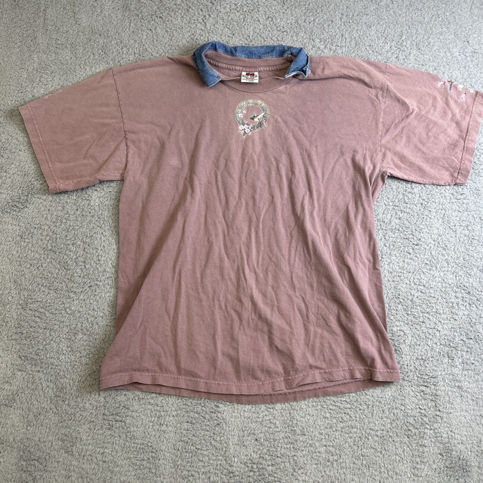 Vintage Bay Side Graphic Tee Bird Womens Size XL USA Denim Collar Mauve Humming