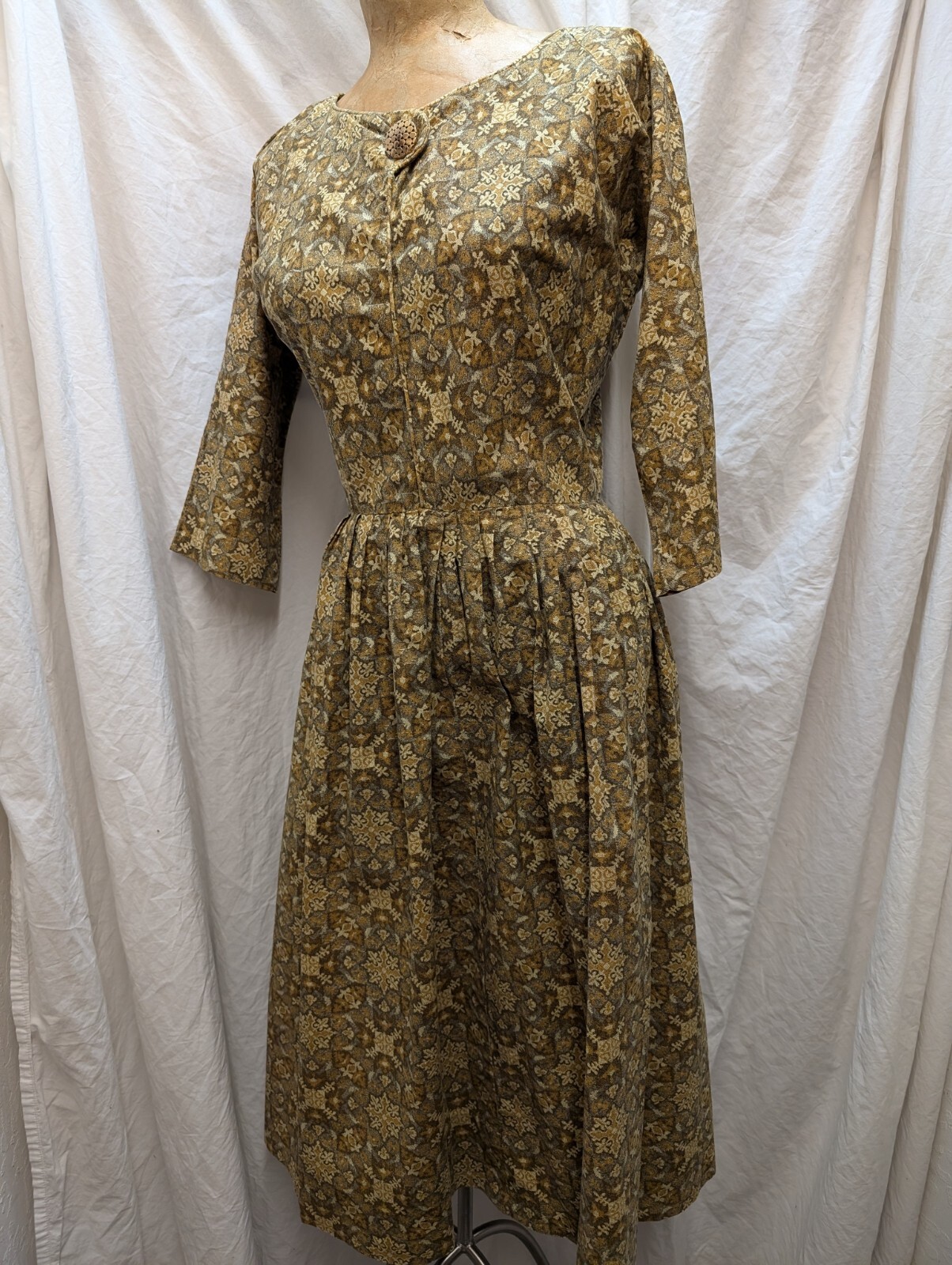 Vintage 1950’s Olive Green Brown Gray Cotton Day Dress Size Small