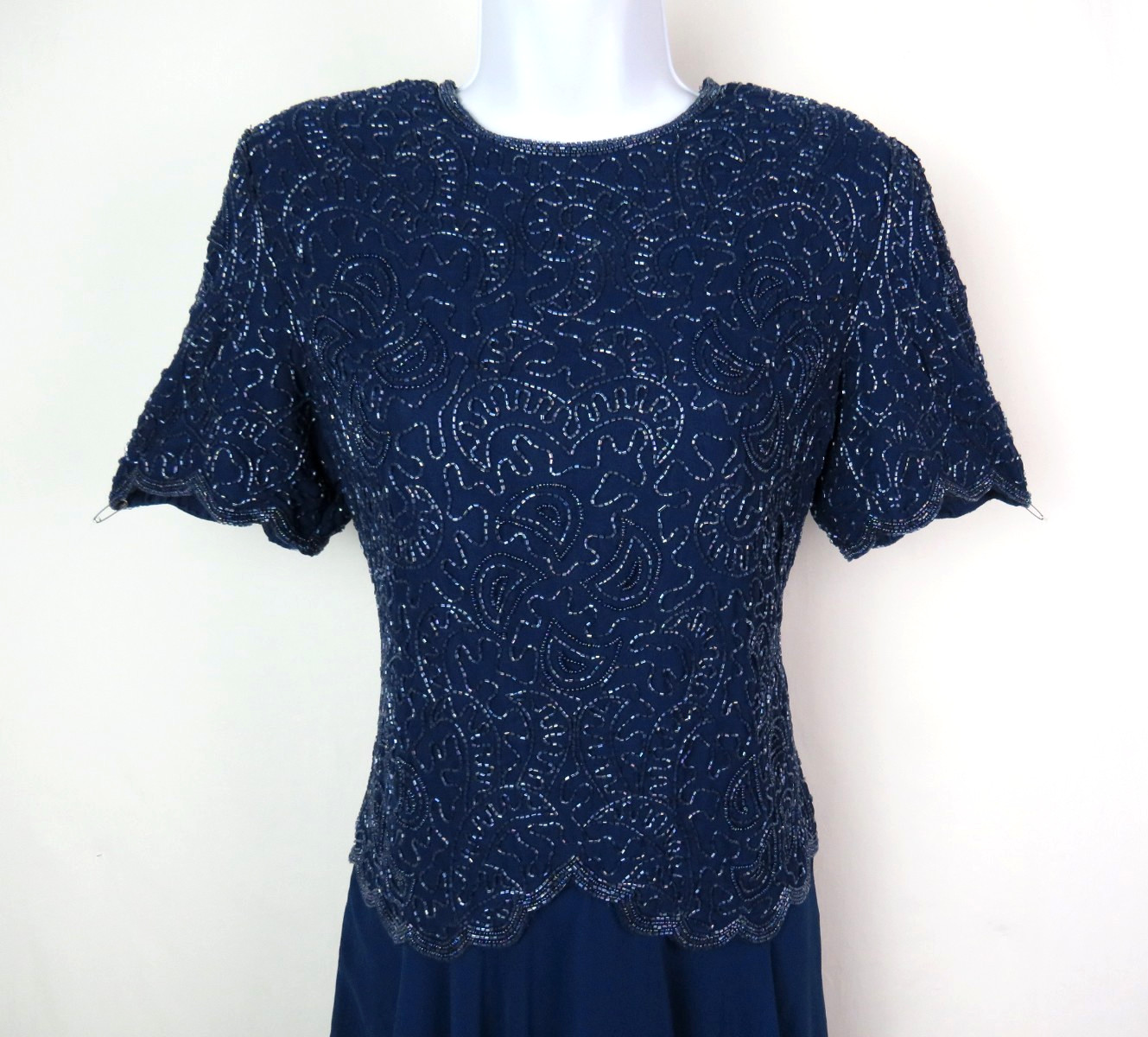 VTG 1980s BRILLIANTE BY JA BLUE BEADED DRESS SIZE PM POLY CHIFFON