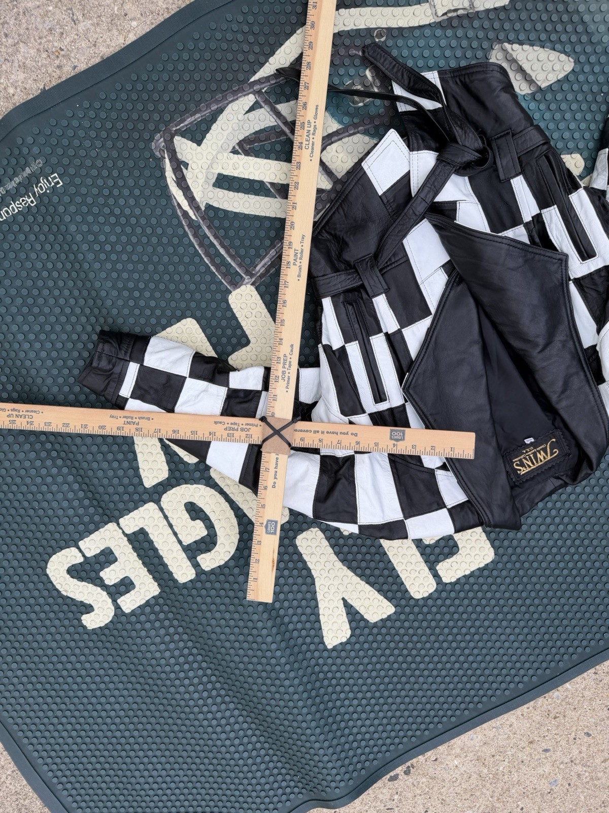 Vintage Checkered Leather Jacket Black & White Twins USA XS Moto Retro Patchwork