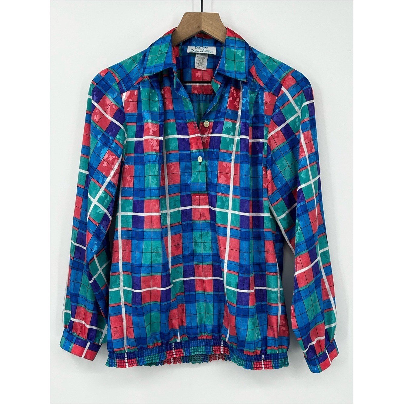 Vintage 80s Da-Rue Plaid Blouse Sz 6 Pink Blue Retro Art Dopamine Dressing