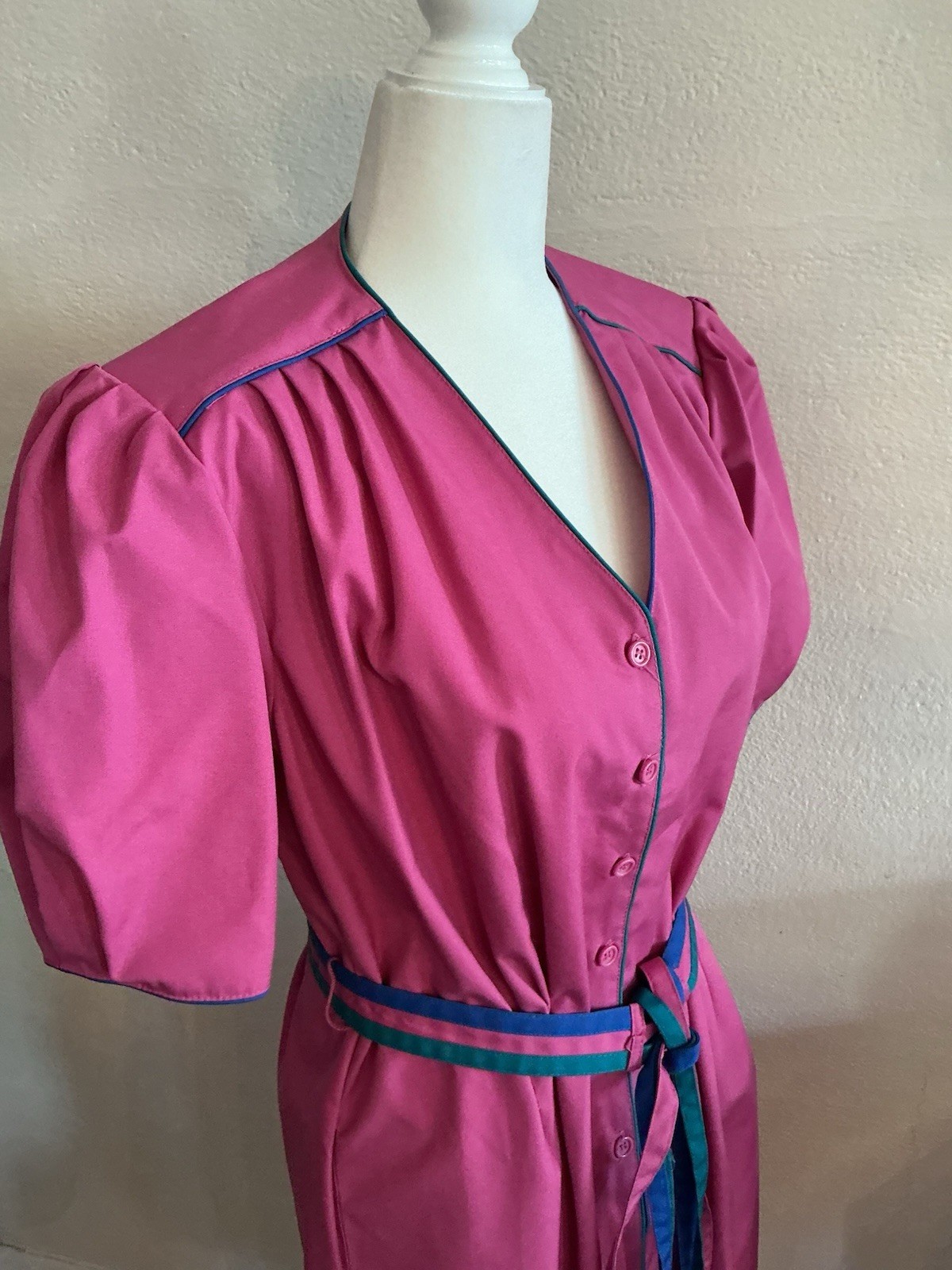 Vintage Day Dress Townhouse 80s Prep Pink Color-block Piping Whimsy 14 M L