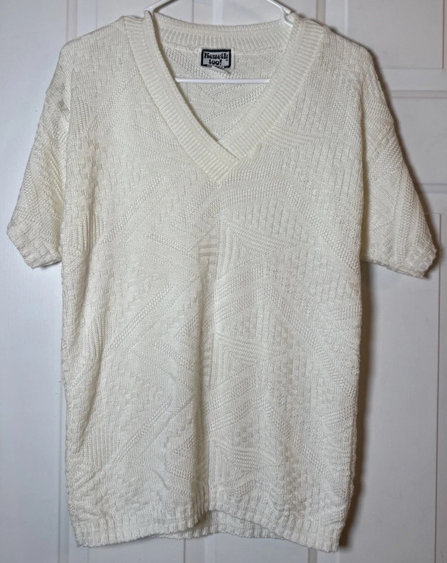 VTG Kenneth Too Womens M Ivory Textured Knit V Neck Short Sleeve Sweater USA