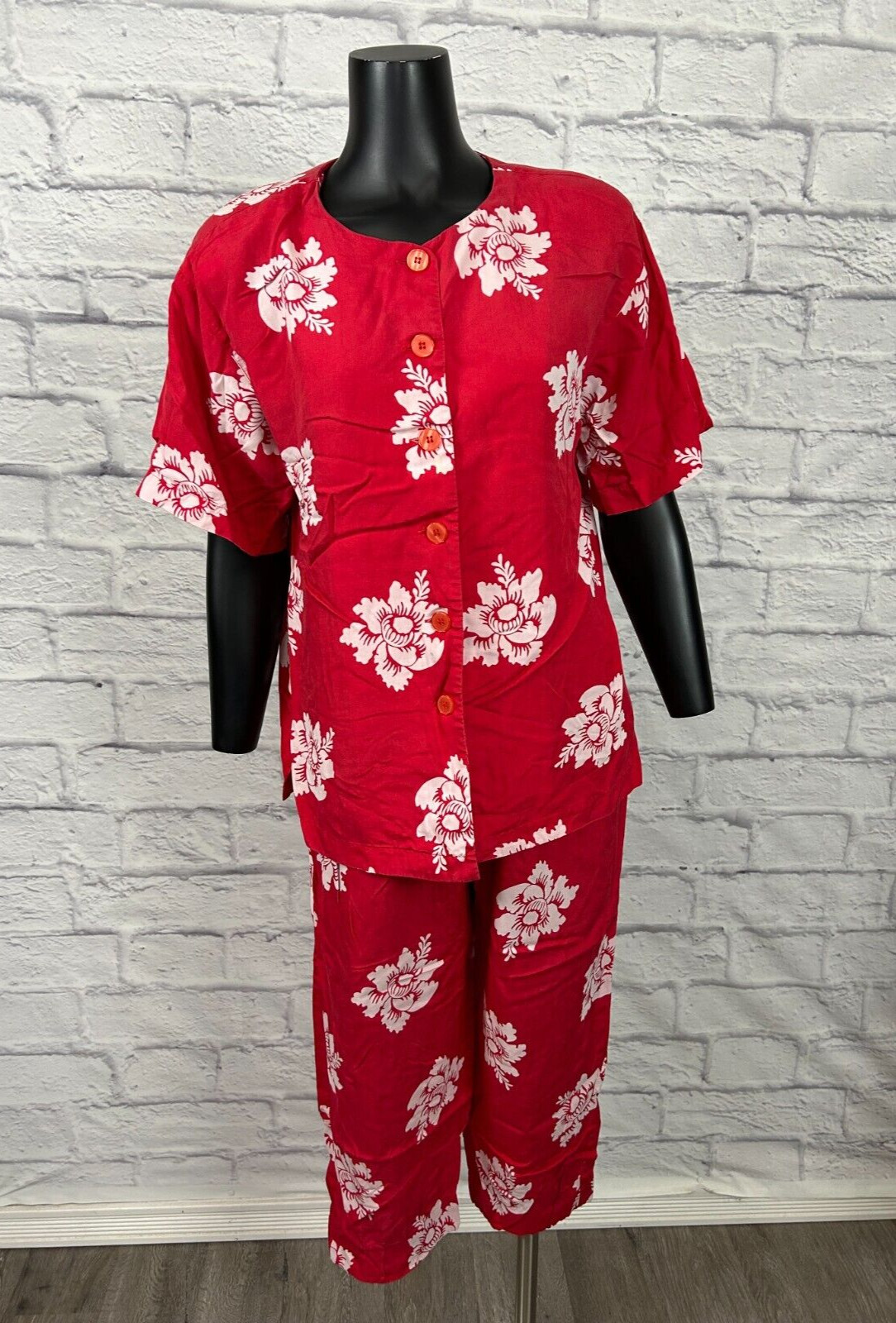 Intuitions Button-Up Casual Set Summer Short Sleeve Loungewear Red Floral Sz 6