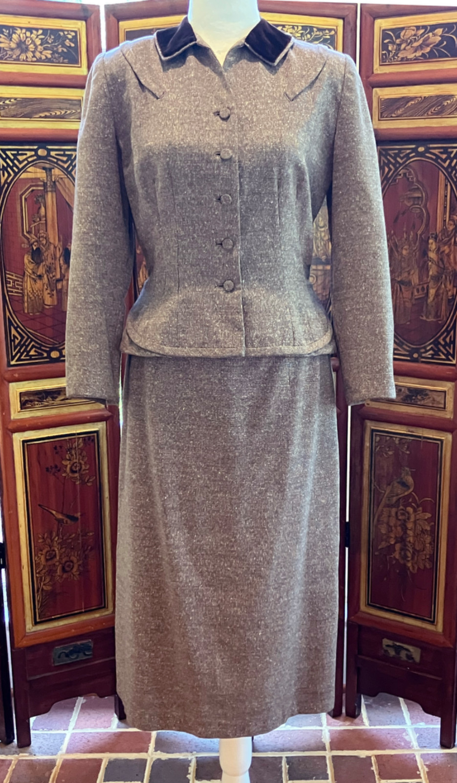 1940s Littler of Seattle Designer Tweed Suit Jacket & Skirt Brown Velvet Collar