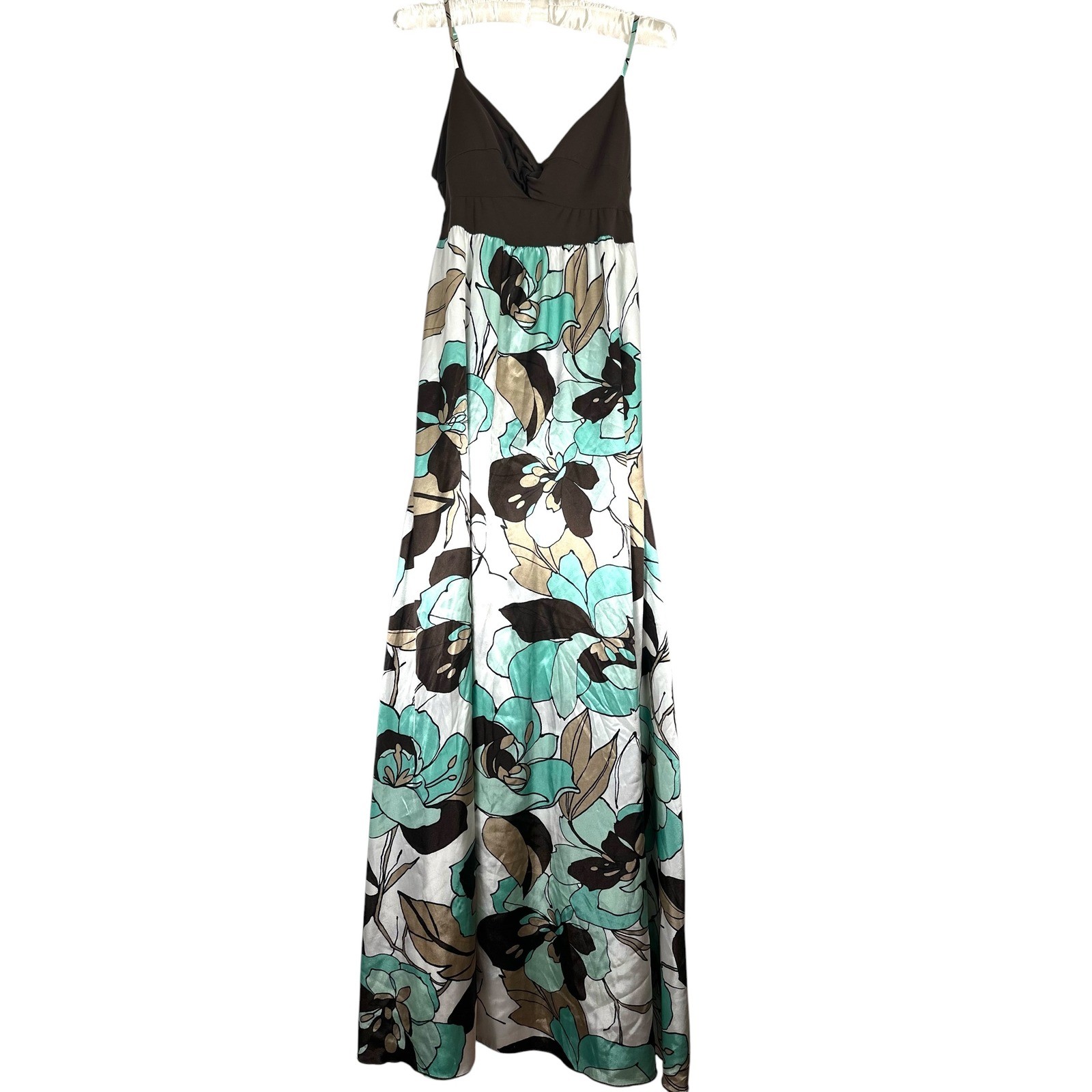 Candie’s Y2K Floral Maxi Dress XL Brown Aqua Empire Waist Satin 2000s Boho Indie