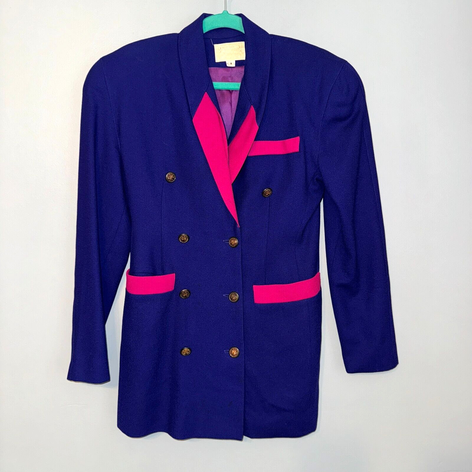 Vintage 80’s Alberto Makali Purple Hot Pink Colorblock Wool Blazer Jacket Size 6