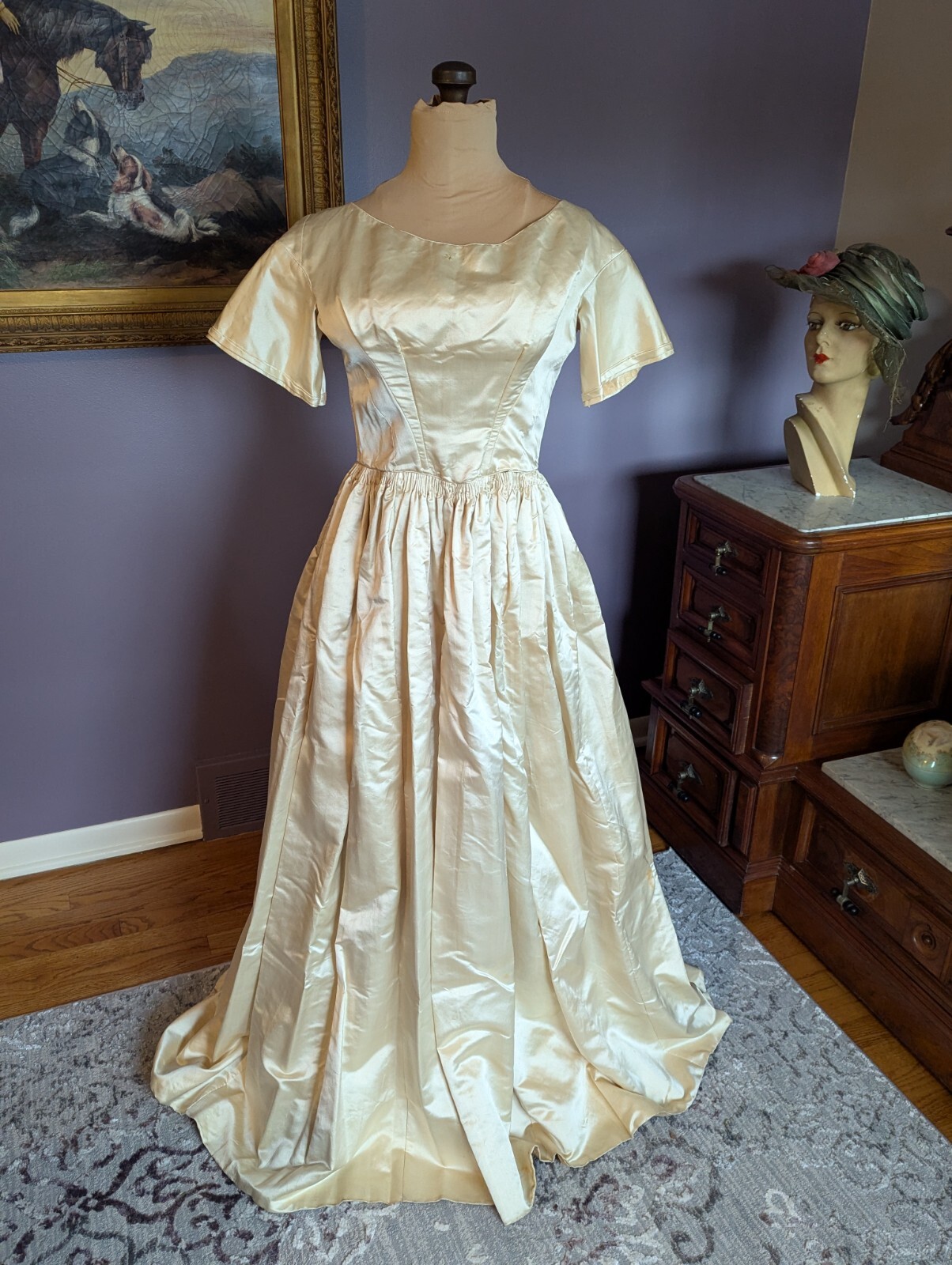 RARE Elegant Antique ca 1850’s Silk/Satin Wedding Dress Gown Handmade Museum