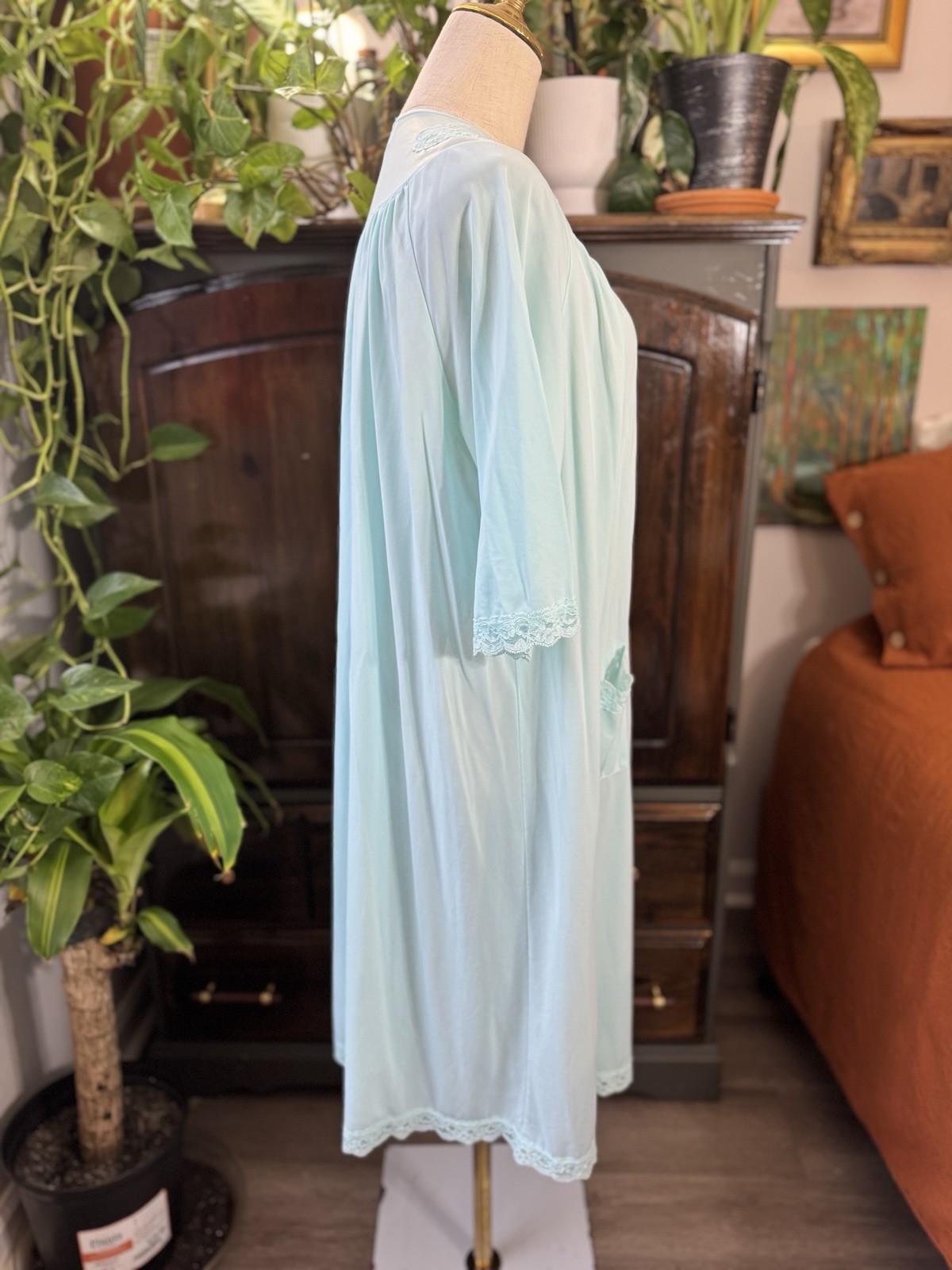 M Shadowline Lace Embroidered Tea Roses Mint Blue Silky Satin Robe Button Pocket