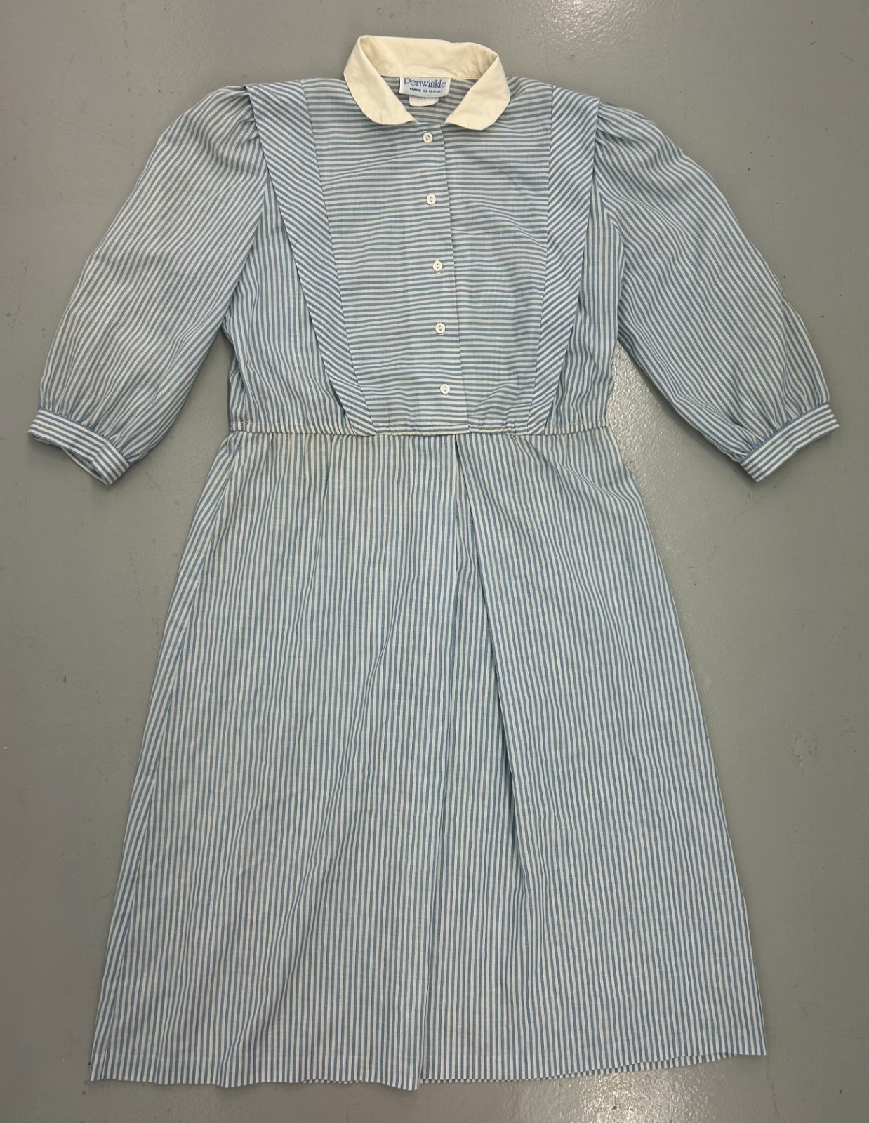 VINTAGE Peri Farm 70s Blue Railroad Stripe Shirt Dress Sz 12 3/4 puff sleeves