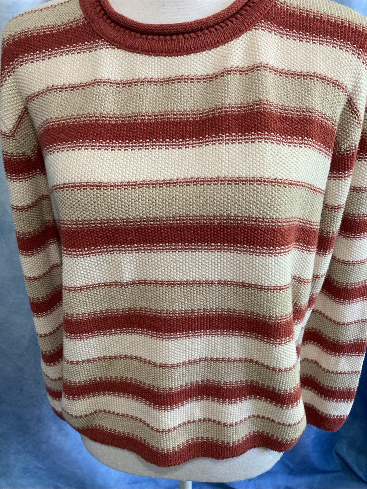 Vtg 90s Forever Creative Knit Striped Sweater Red Cream Cropped Cotton USA Indie