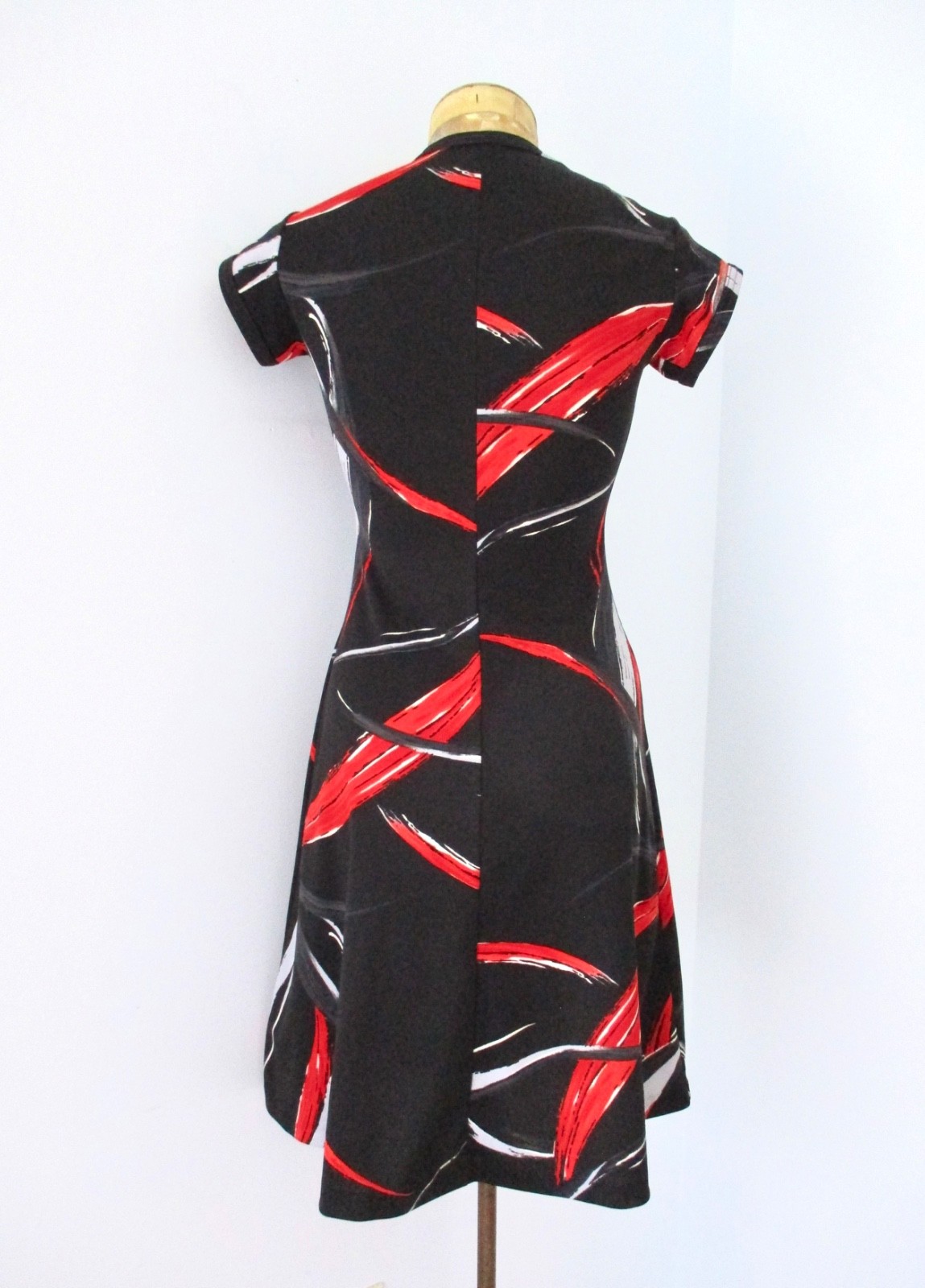 Vtg 60s 70s Black Red White Abstract Paint Strokes Poly Knit Fit Flare Dress 7