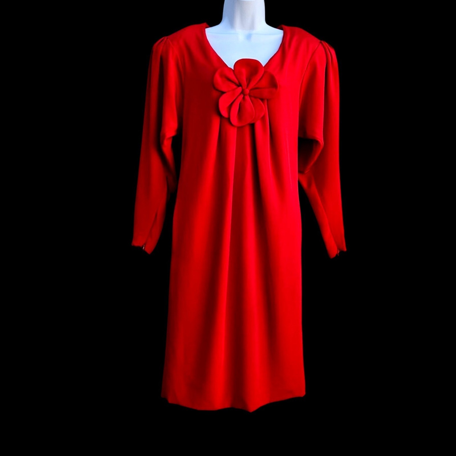 Vintage Stanley Platos Red Couture Silk Dress Pockets Flower Detail Size 10