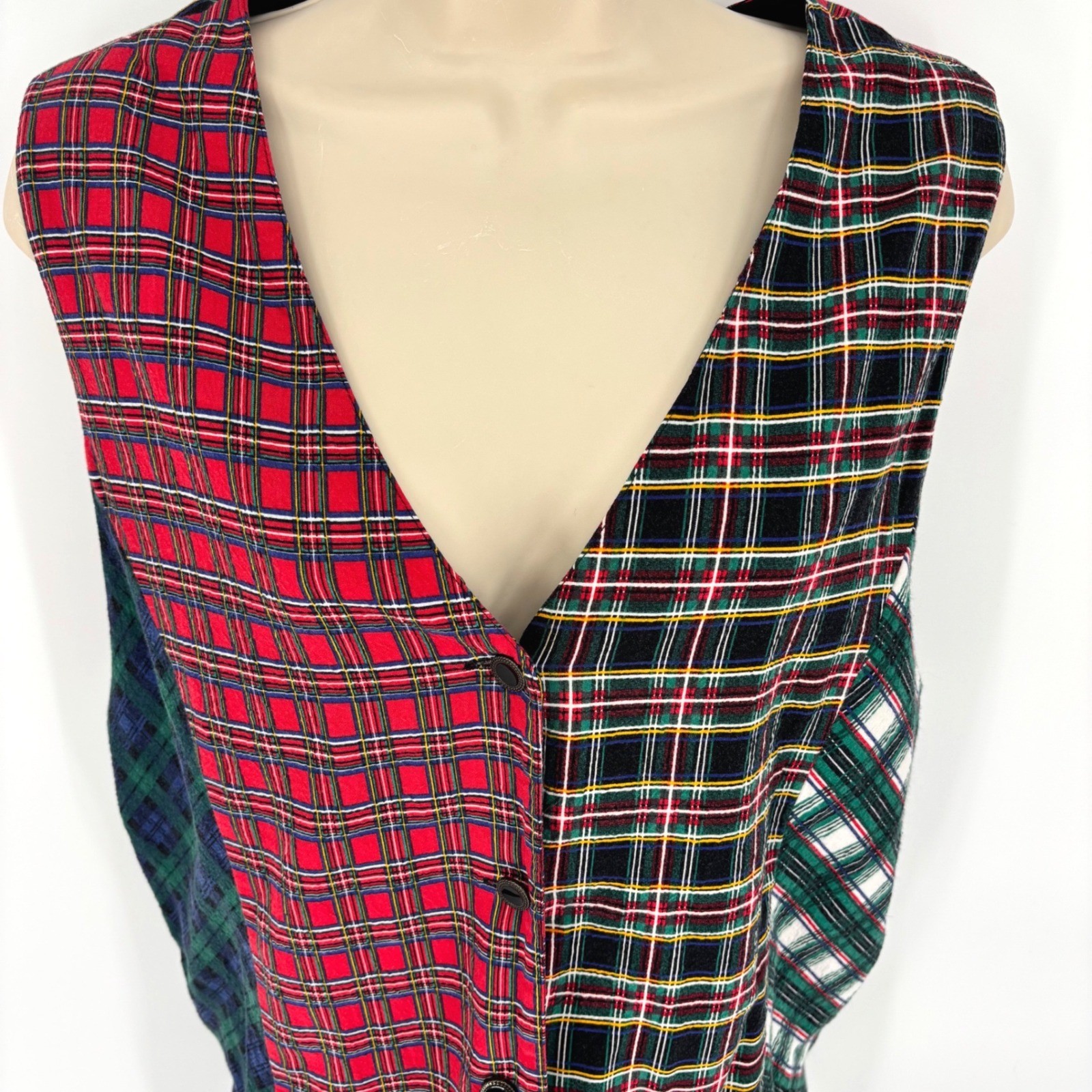 Carole Little Sport Vintage Patchwork Plaid Vest Red Green Rayon Womens Sz 16