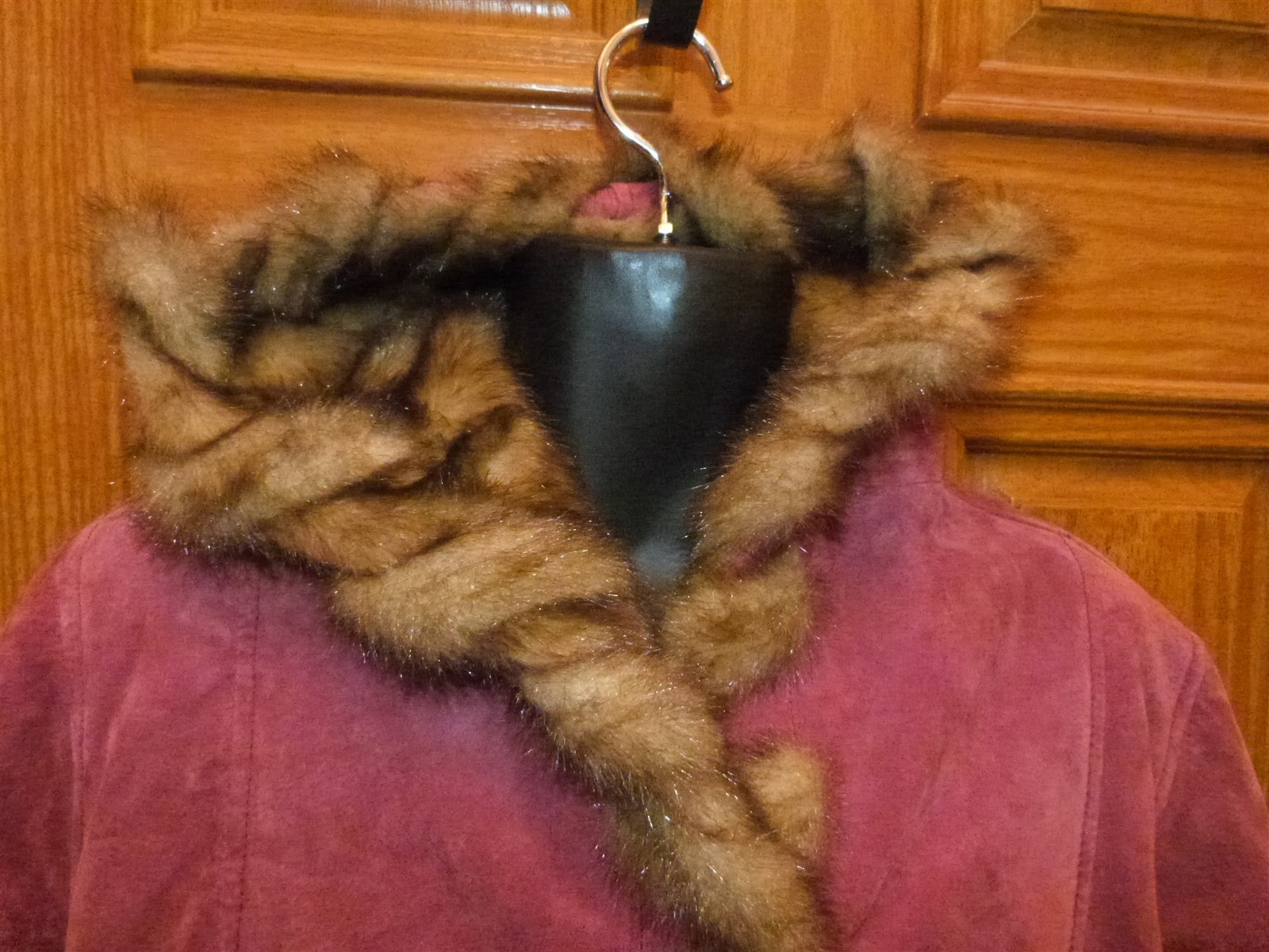 Dennis Basso suede coat vintage 1990s faux fur red Burgundy Maroon wine hood W L