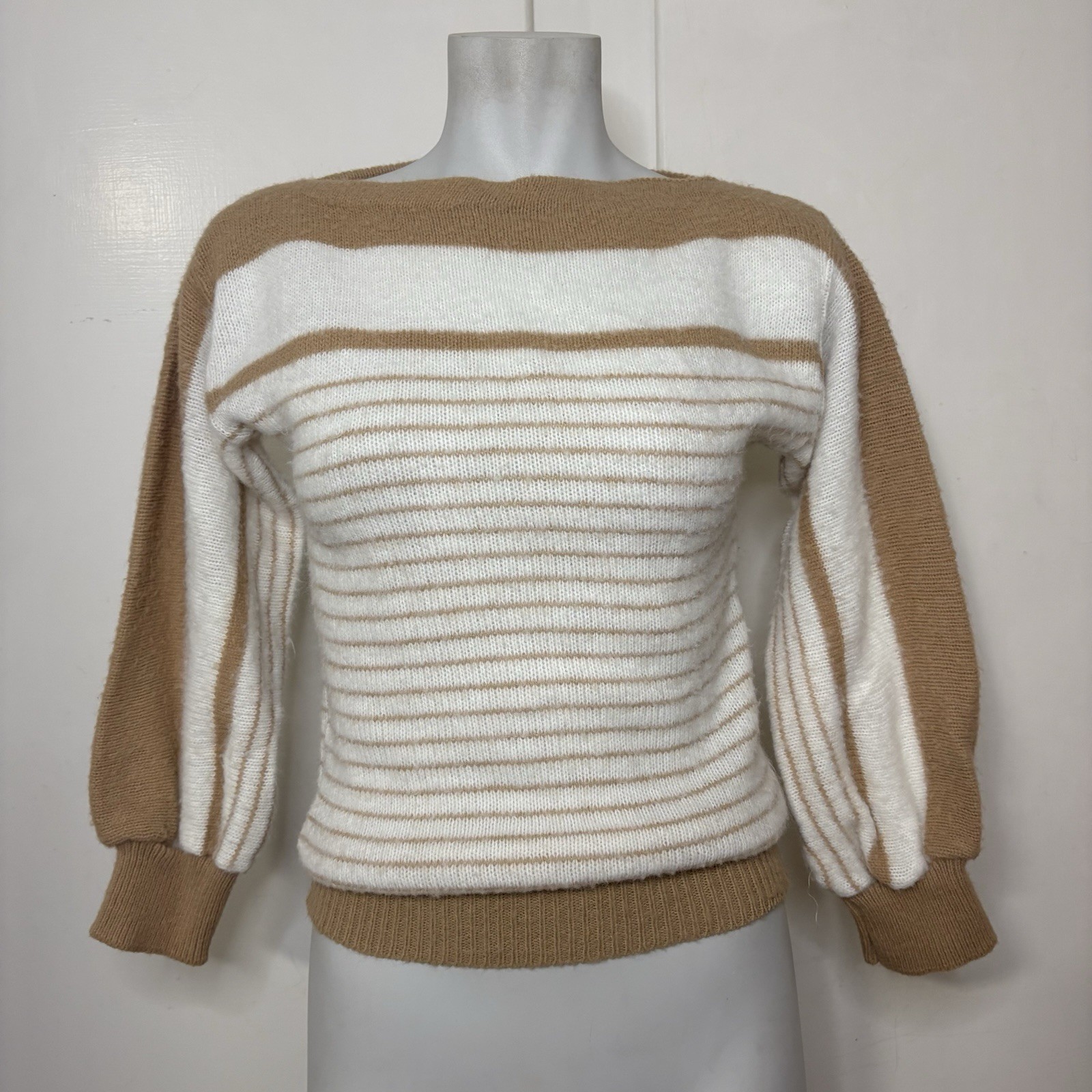 Vintage 80s Spunky Tan White Striped Colorblock Boatneck Sweater