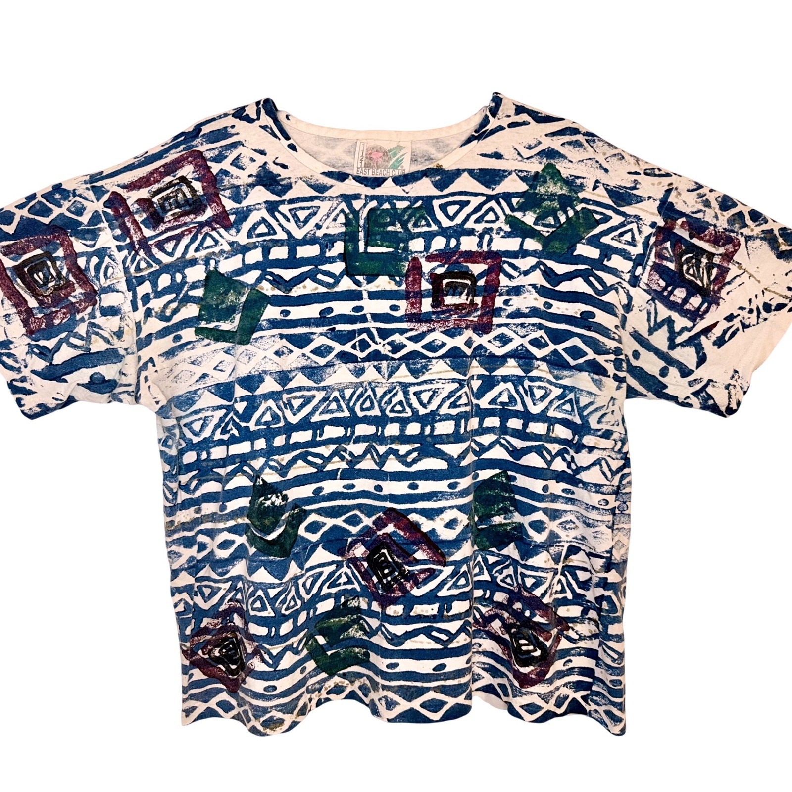 90s Vintage XL Boxy Cotton Retro Geometric Block Print Blue Purple Green Kidcore