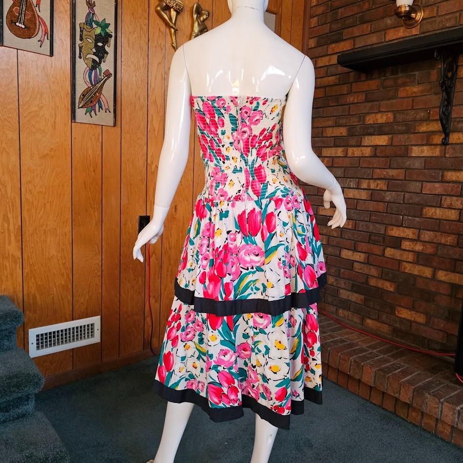 Vtg 1980s Strapless Tulip Floral Cocktail Garden Party SATC Prom Tea Dress S/M