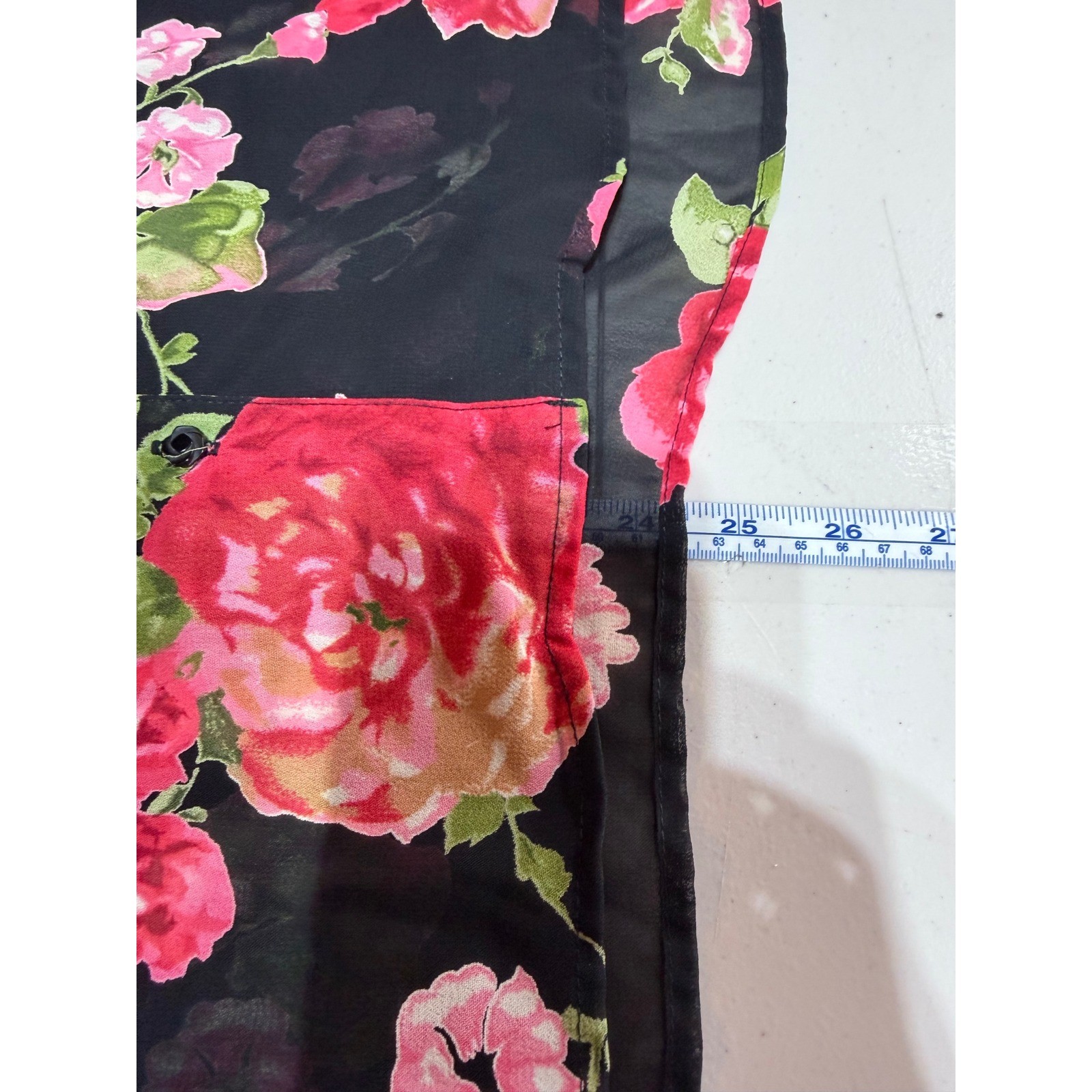 Carol Anderson Floral Blouse Women 16 Black Pink Rose Sheer Rayon Cottagecore