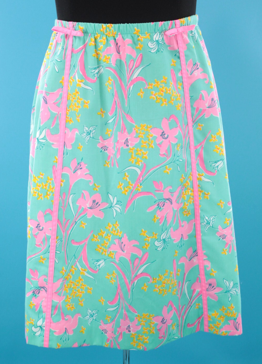 VTG Women’s 60s Teal & Pink Bow Trim Floral Print Lilly Pulitzer Skirt M/L 1960s