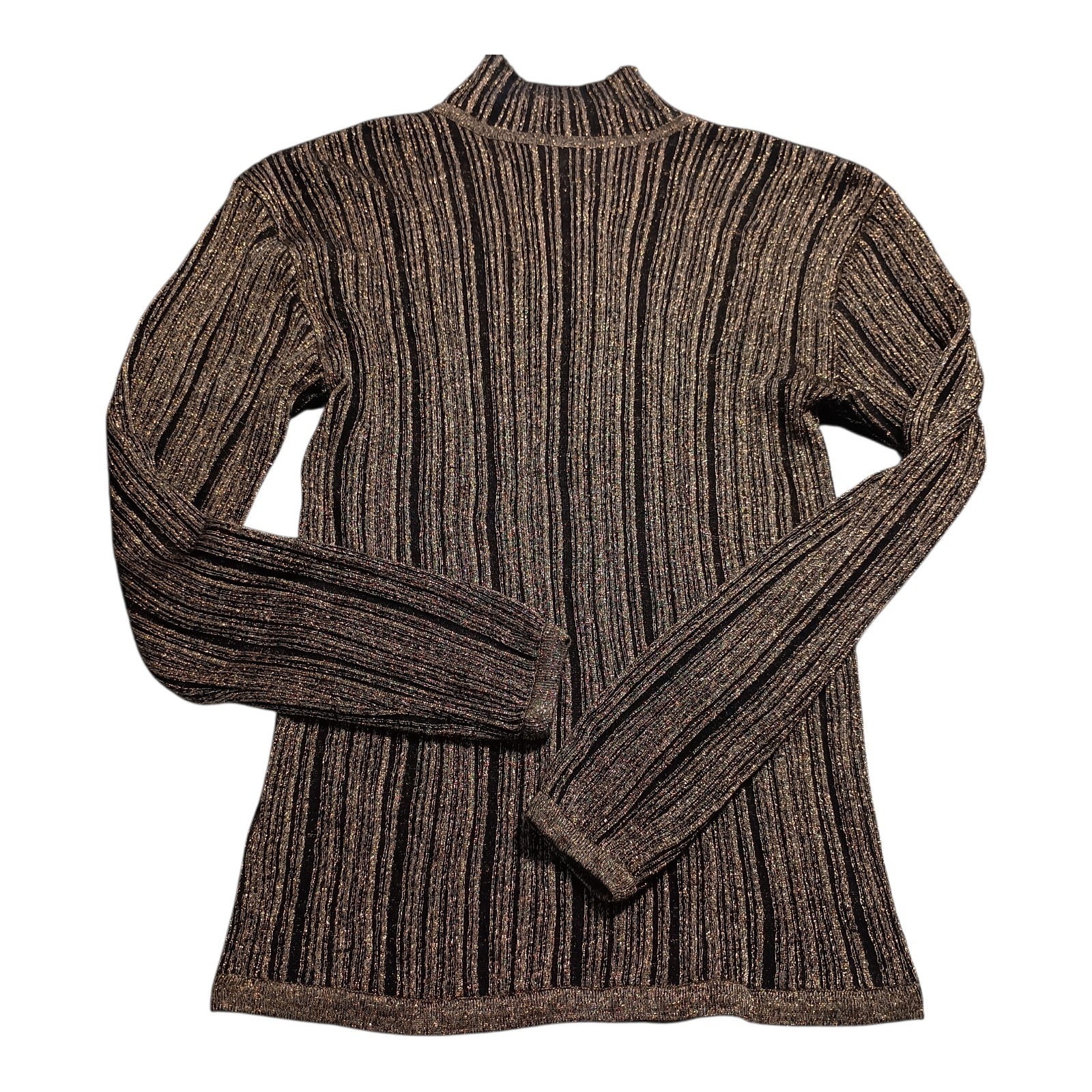 Vintage 70s Women Gold Metallic Sweater Mock Ribbed Hong Kong Darm Academia
