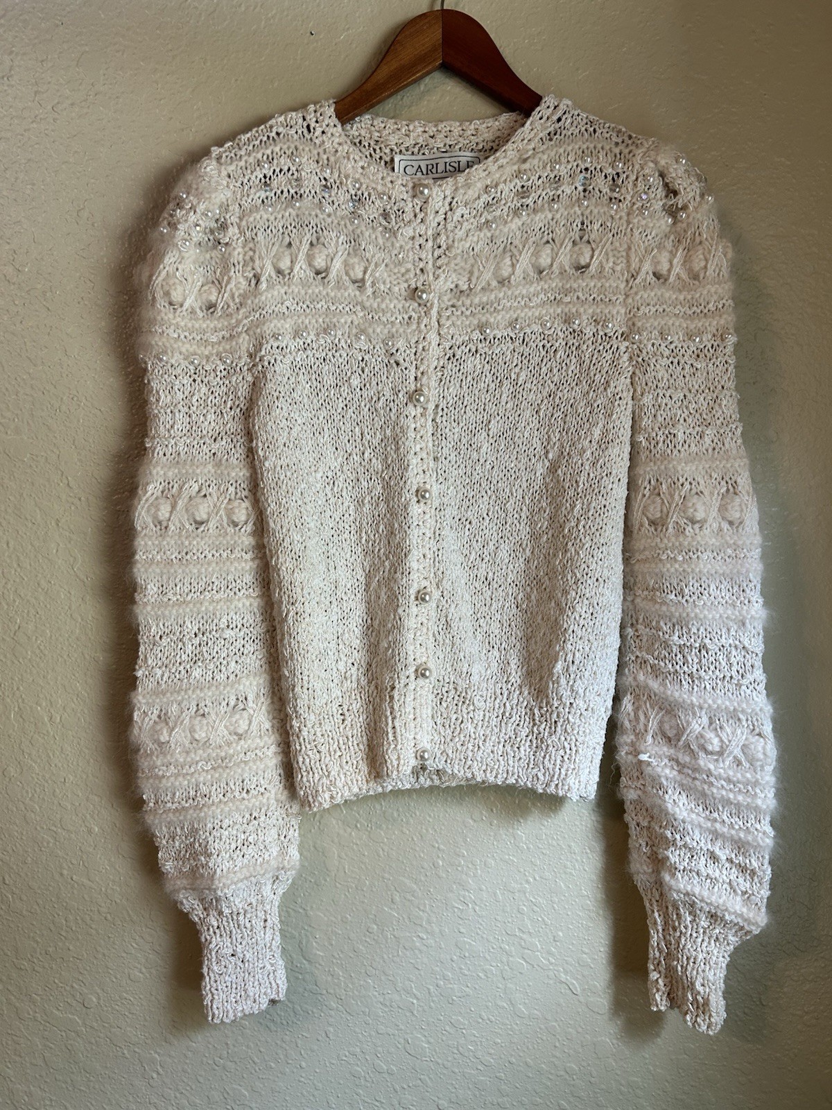 Vintage Crochet Ivory Angora Sparkling Beaded Pearl Button Long Sleeve Sweater