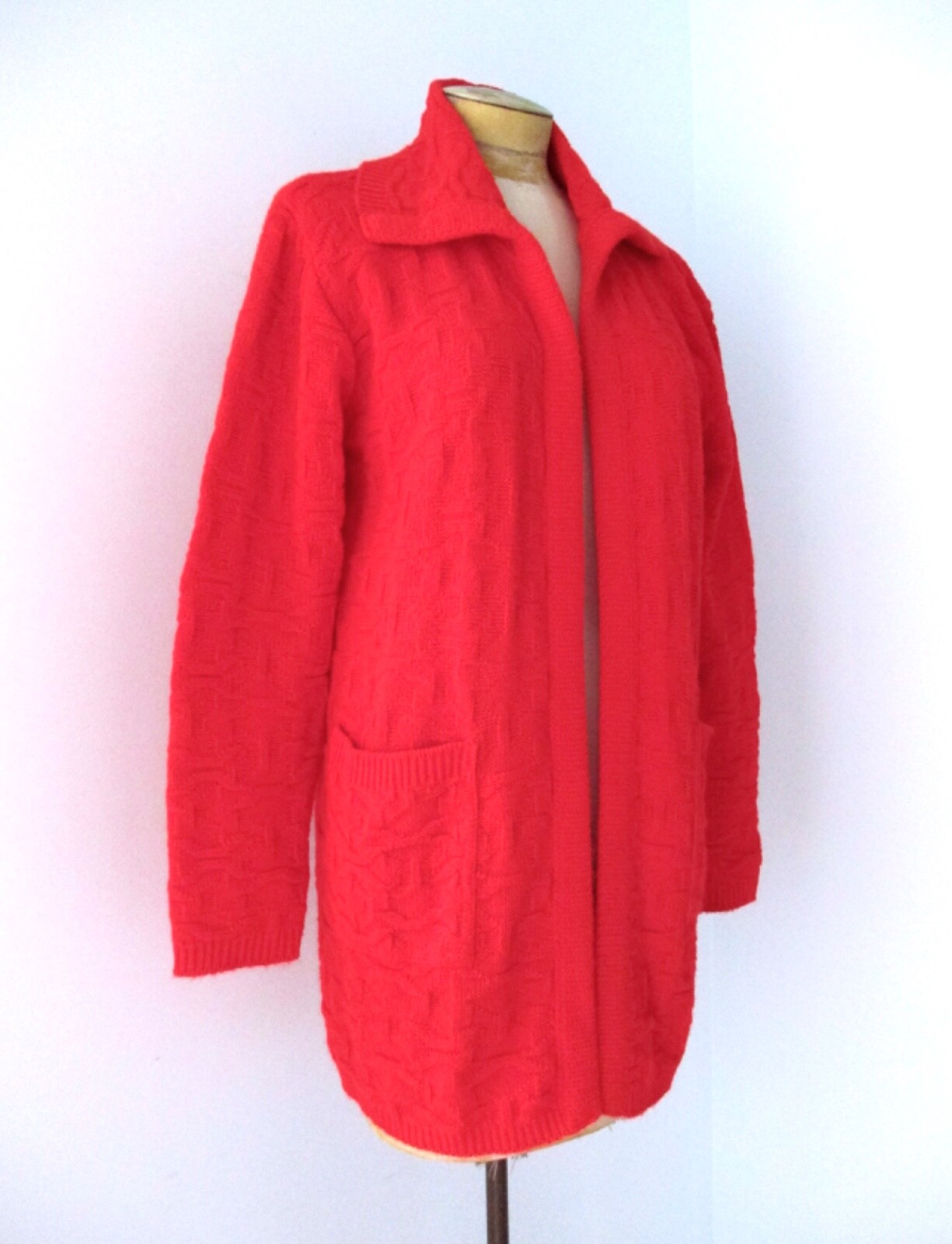 Vtg 60s 70s Red Geometric Textured Long Open Cardigan Duster Sweater Pockets S