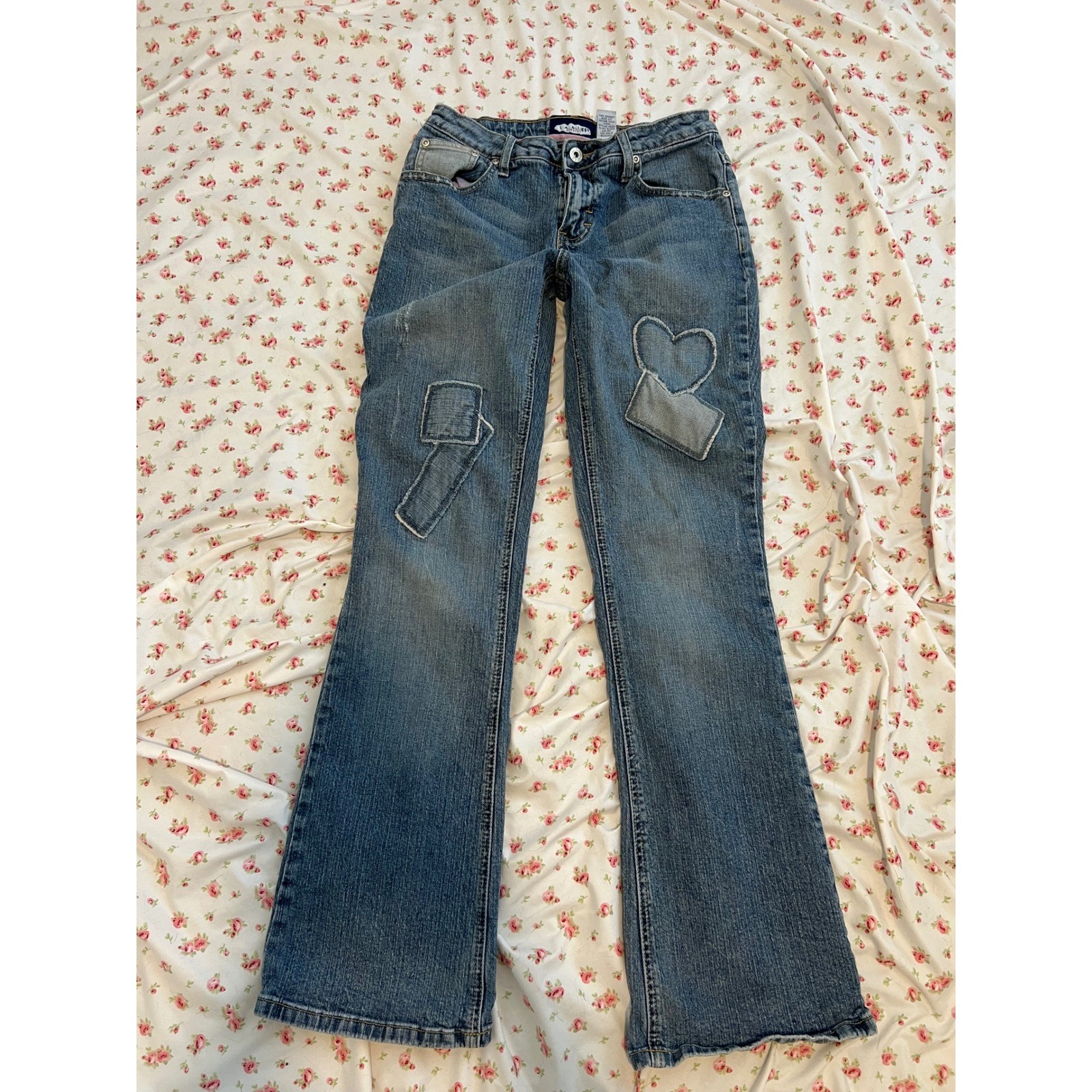 vintage low rise heart patchwork bootcut flare jeans