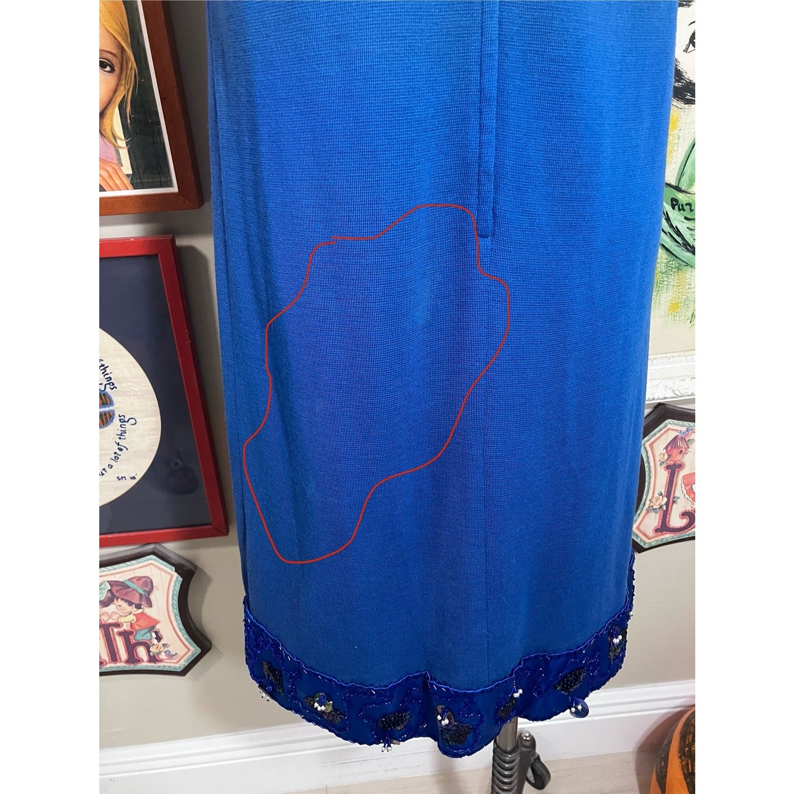 Palio 1960s 100% Virgin Wool Royal Blue Sleeveless Dress Beaded Trim Hong Kong