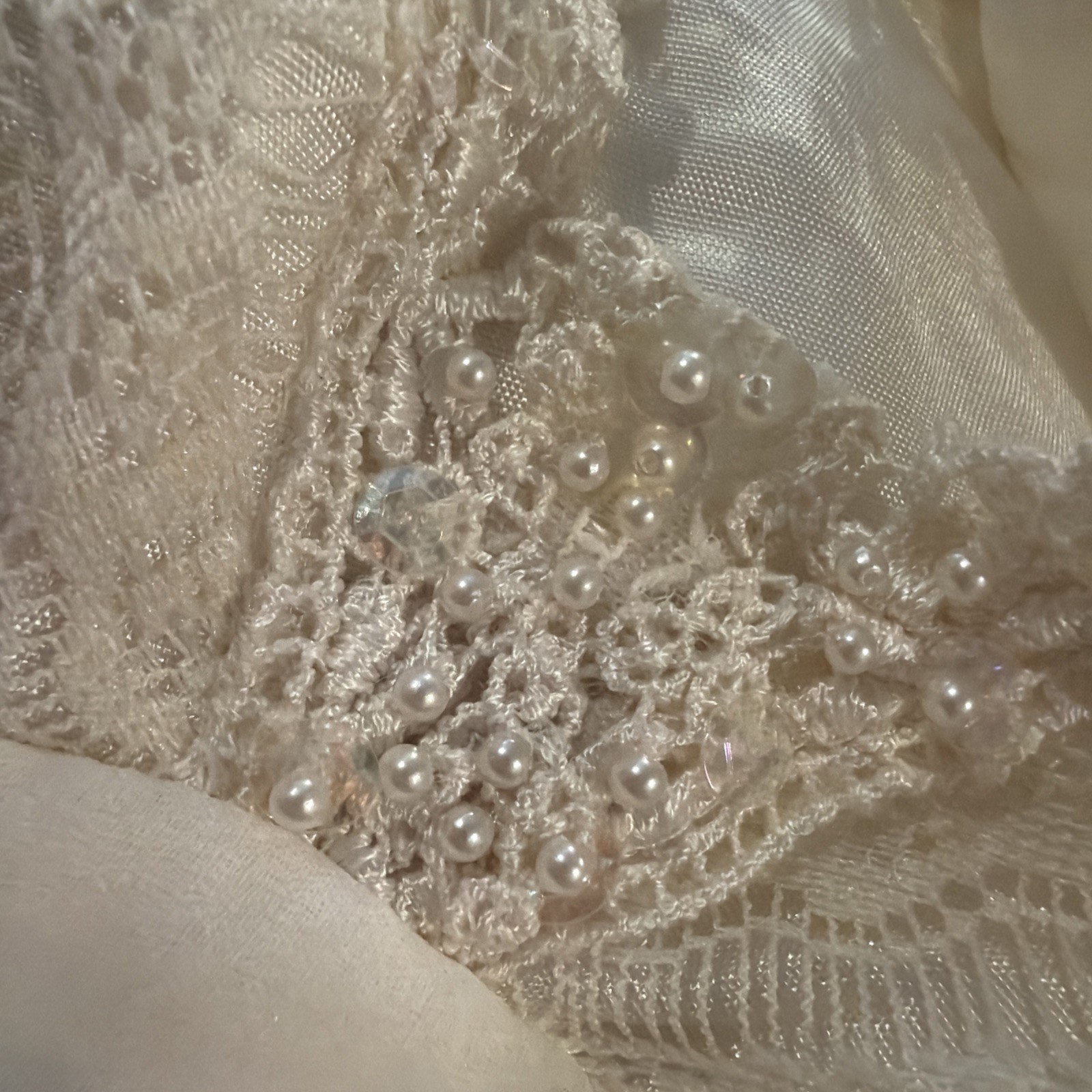 VTG 90’s NIKI by Niki Livas Ivory Laced Overlay Beaded Sequined Maxi Dress 10