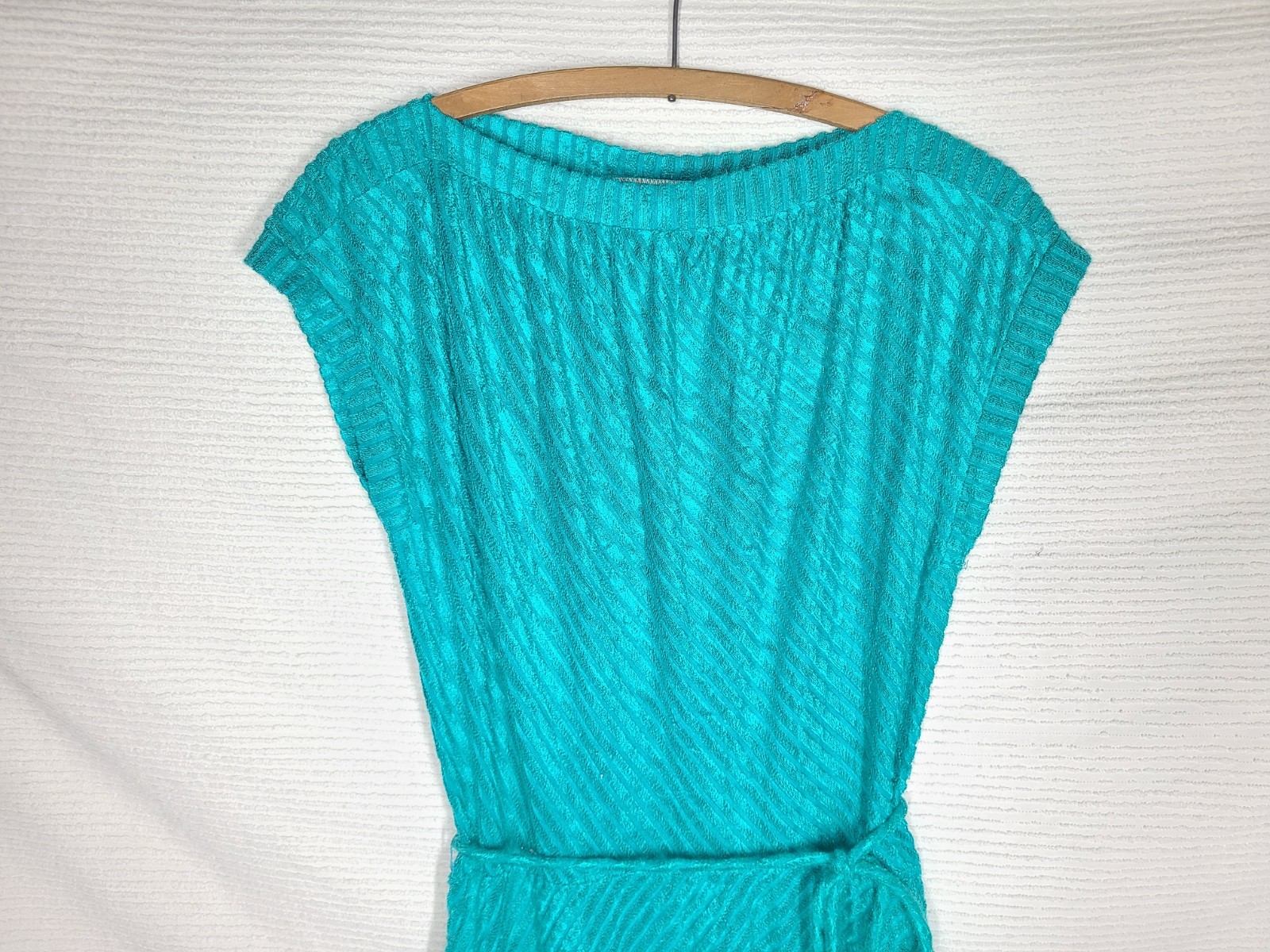 1970s Disco Knit Dress Teal Terry Cloth Diagonal Corduroy Stripe wBelt Large