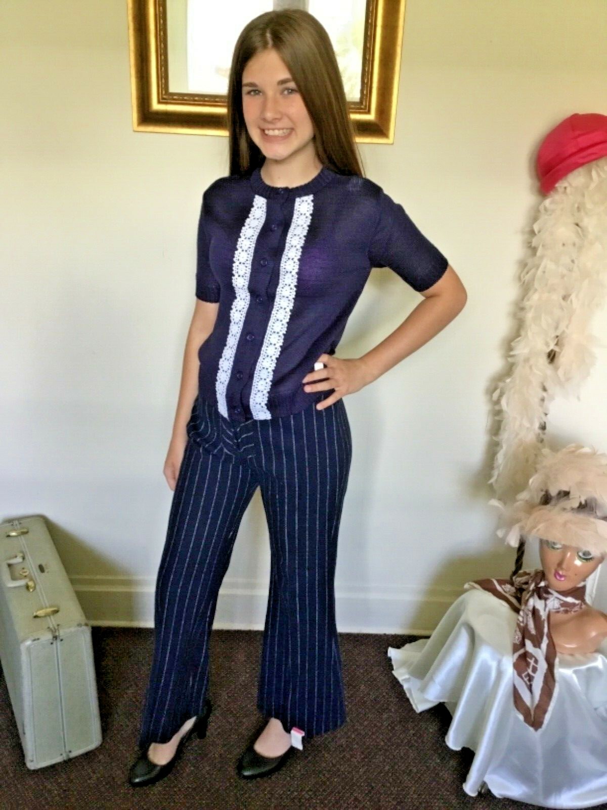 70’s Vintage Navy Blue Hippie White Striped Wide Leg Bell Bottom Pants „NWT”