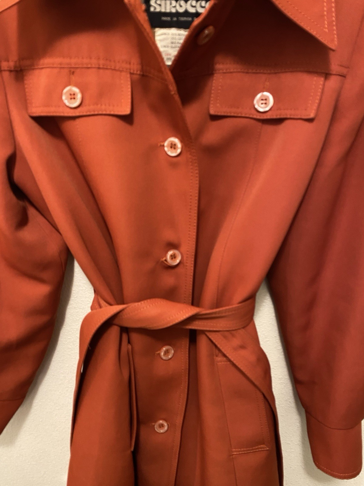 Vintage 1970s Sirocco Rust Orange Trench Coat Plaid Lining Belt Sz 12 Exc