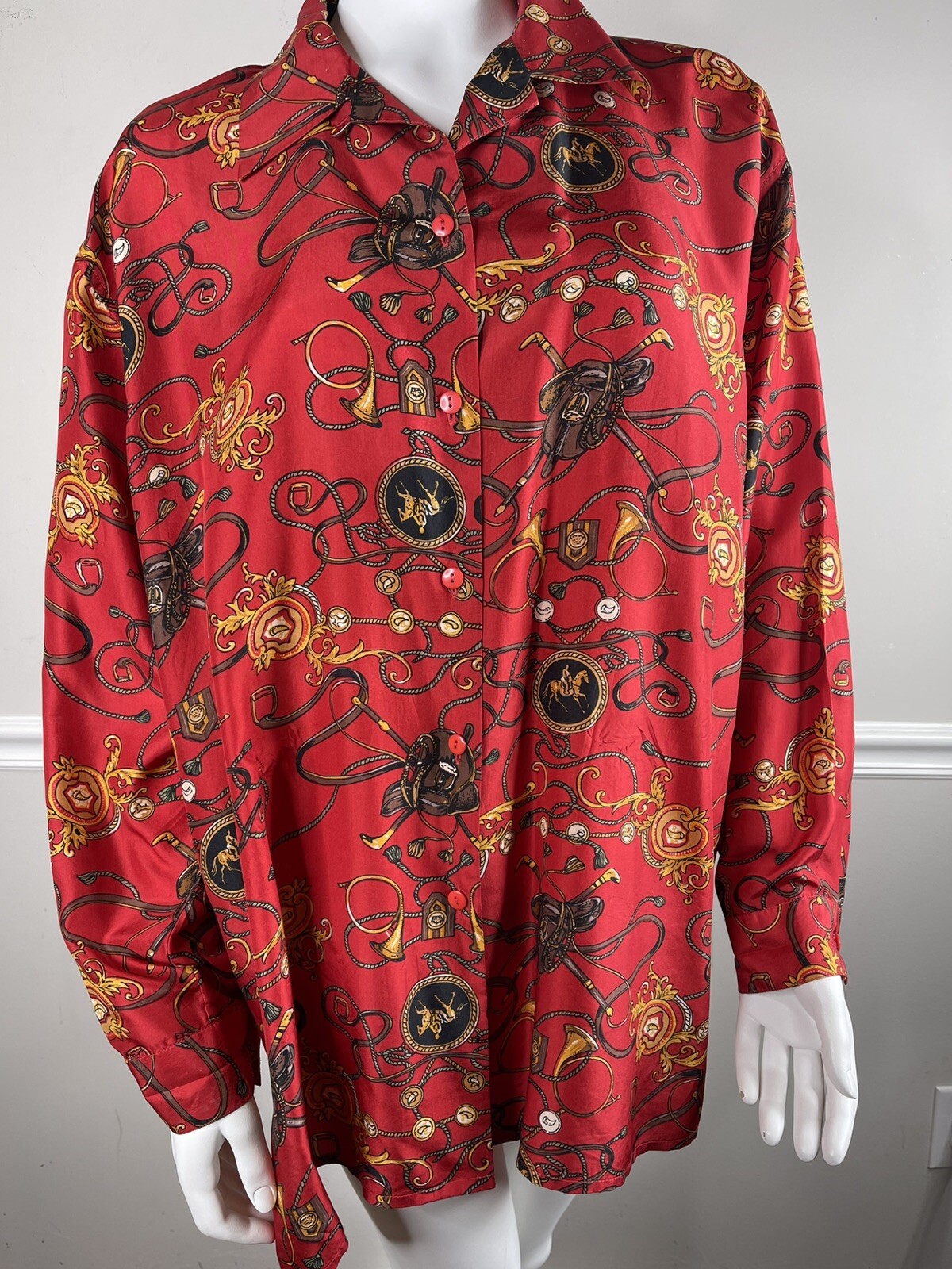 Vintage 80’s Stunt Collections Silk Blouse Button Front Women’s L red Equestrian