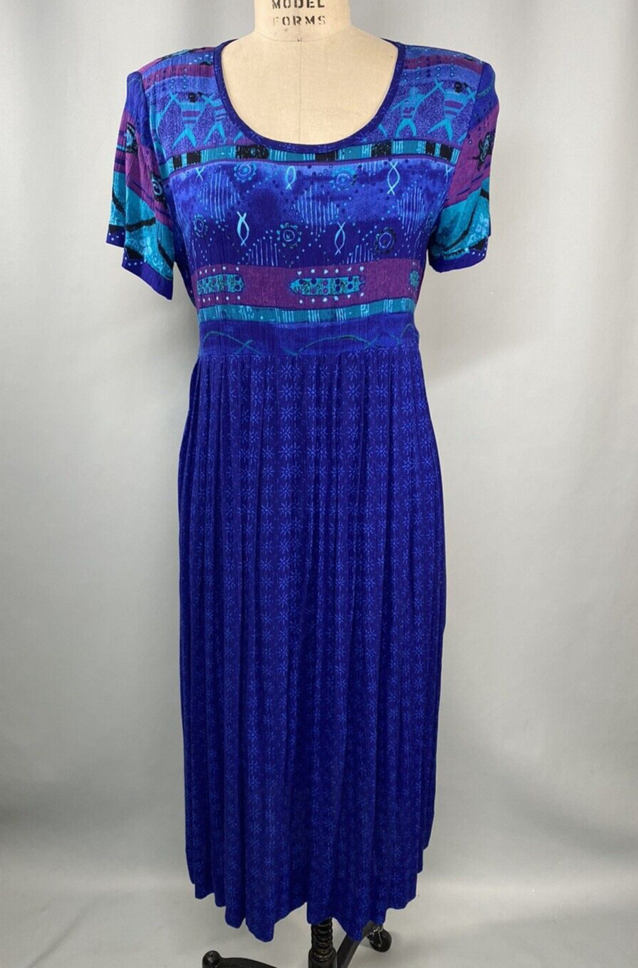 Vintage Dress SIZE 8 Rayon Teacher Mom shift blue 80s 90s shoulder pads shift