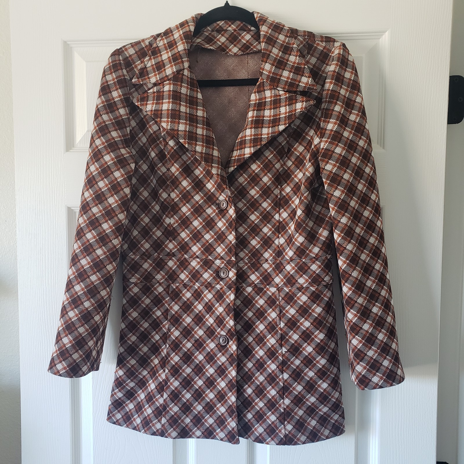 1970s M/L Vintage Dark Brown Burnt Orange Cream Autumn Fall Rust Plaid Peacoat