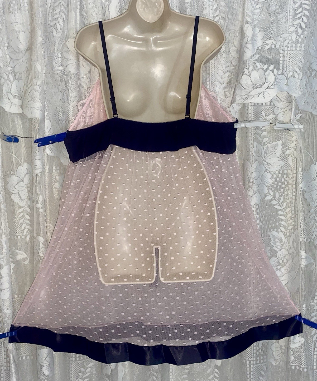 VTG Design 2X Full Sheer Pink Babydoll Nightie nightgown w Black Trim + Bow