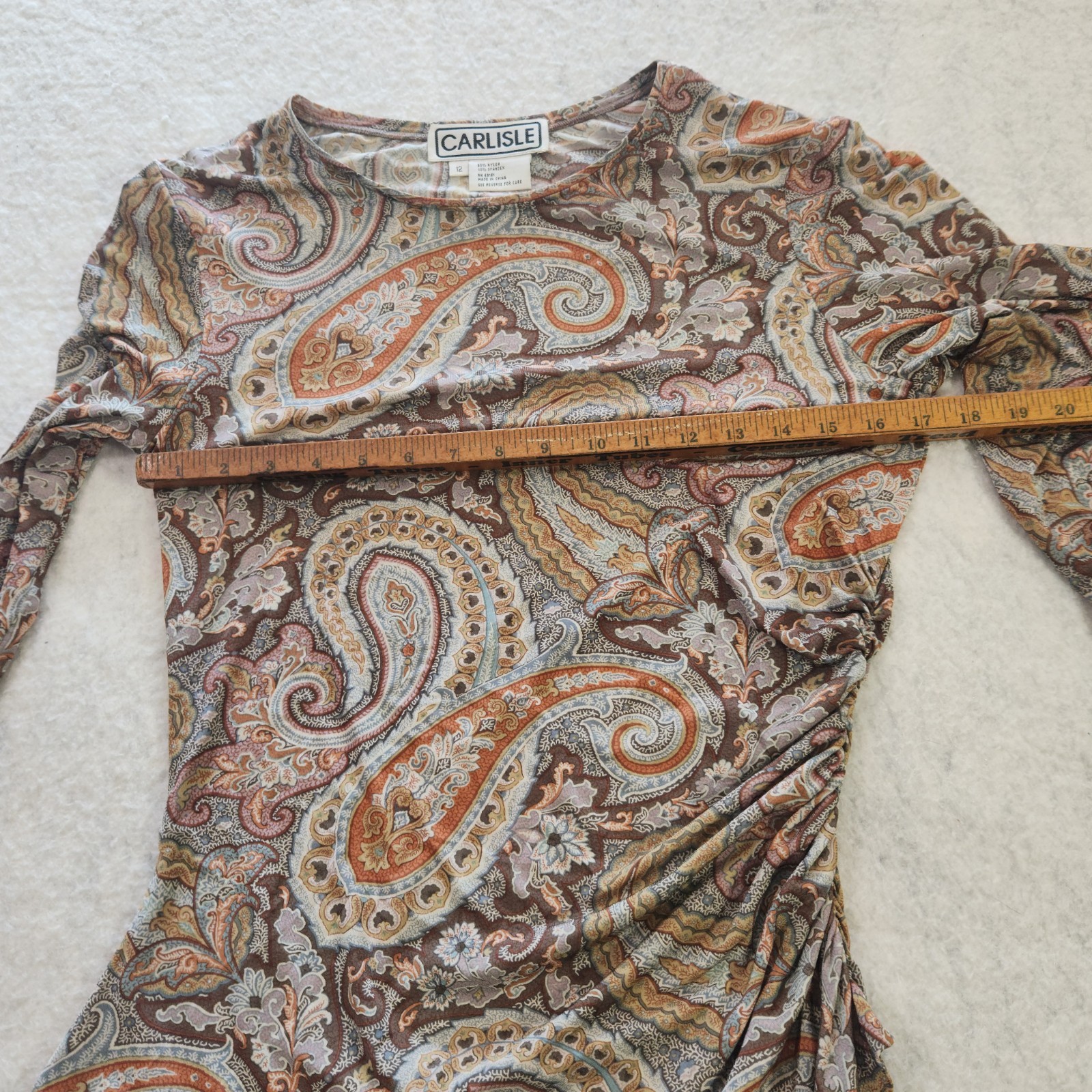 Vintage CARLISLE Paisley Fitted Shirt Women’s 12 Stretch Lightweight Ruched Top
