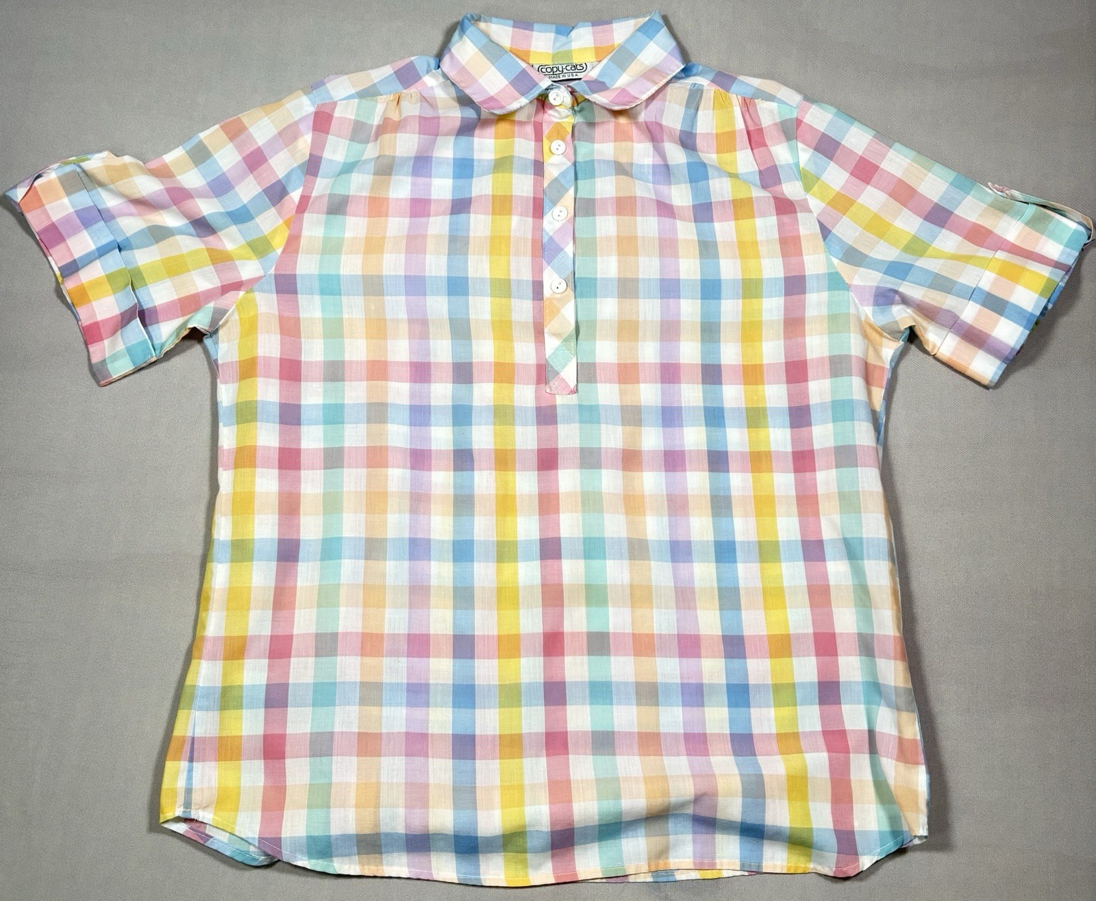 Vintage 90s Copy Cats Pastel Gingham Plaid Popover Blouse Short Sleeve XL USA