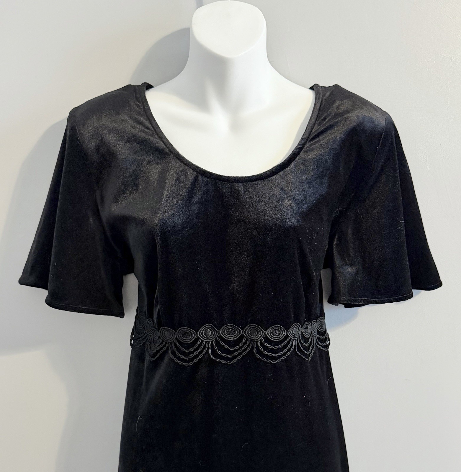 Vtg MOLLY MALLOY Velvet Dress 14 Whimsygoth Black Lace Maxi Grunge Short Sleeve