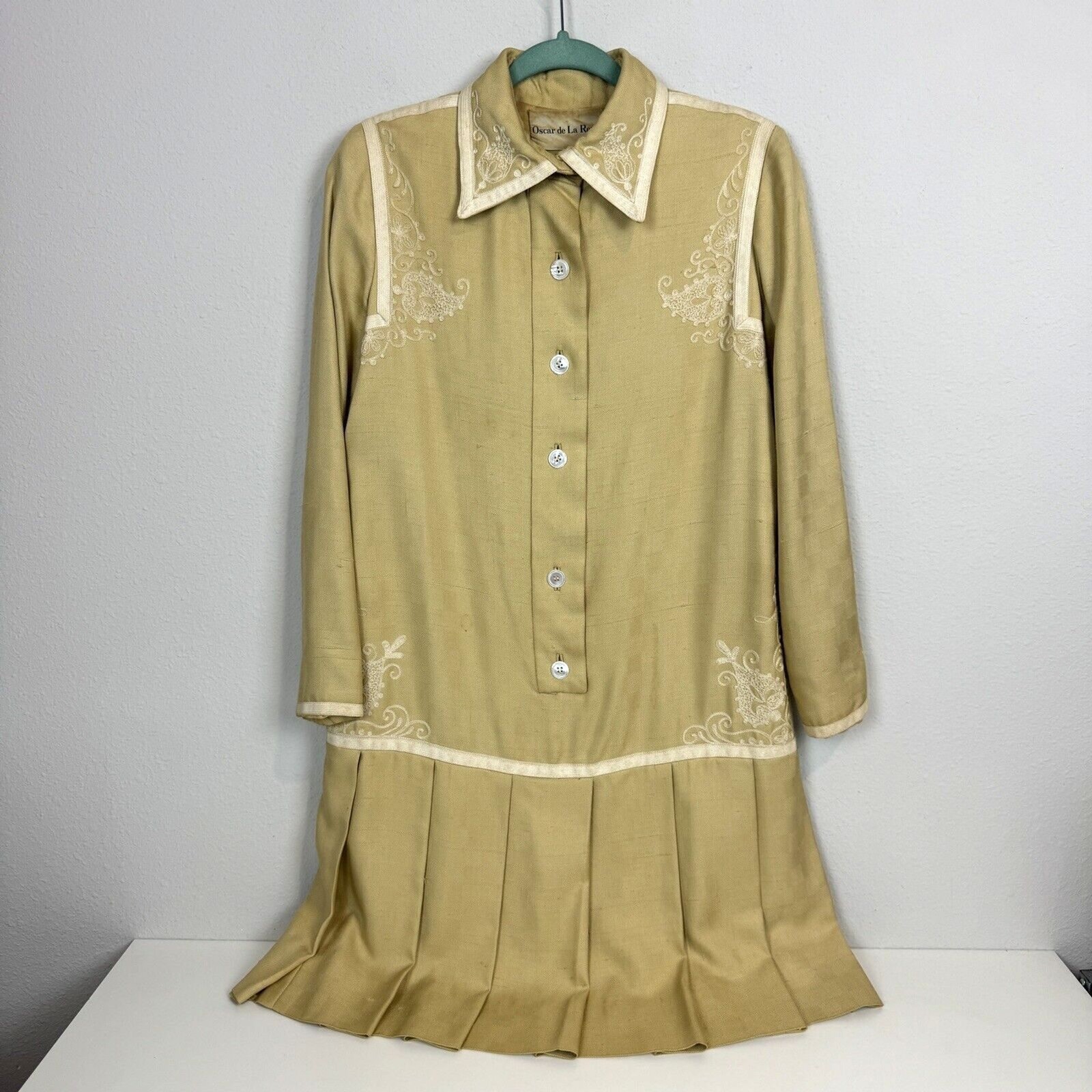 Vintage Oscar de la Renta Late 60s Drop Waist Pleated Embroidered Dress 12