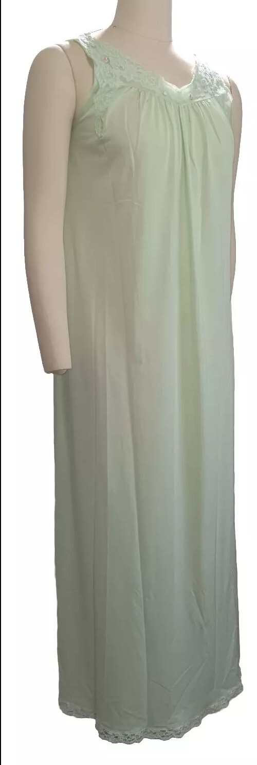 Vtg ShadowLine Pullover Long Nightgown Sz Sm Mint Green Lace Pink Rose Nylon USA