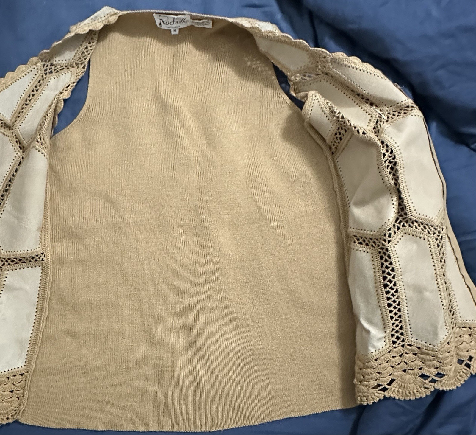 Vintage 70s Suede Leather Crochet M Patchwork Vest Gilet Rochelle California
