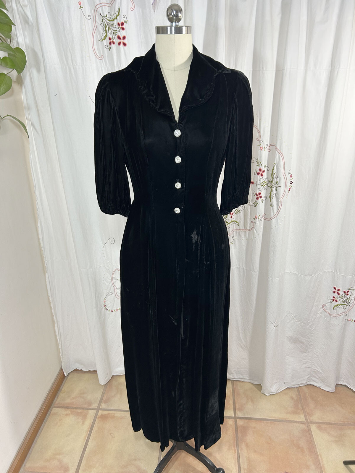 Vtg 30s Black Silk Velvet Long Dress Rhinestone Buttons Evening Hollywood sz 8/S