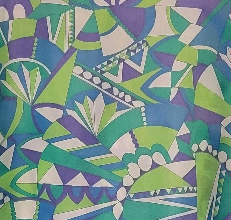 VTG 70s Wmn’s Blue Purple Green Geometric Mod Retro Satin Button Up Blouse Sz 18