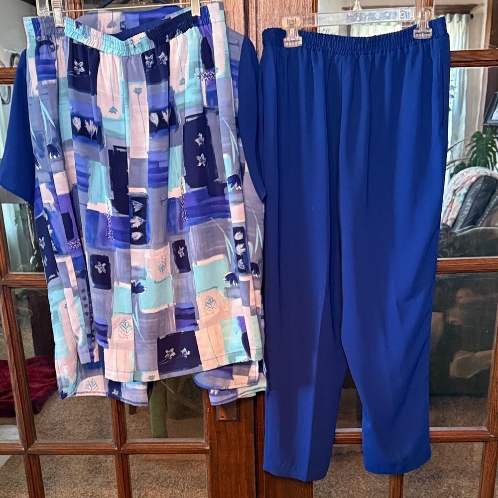 Stephanie Thomas Sport Vintage 3 Piece Set Blue Abstract Jacket Skirt Pant 14 16