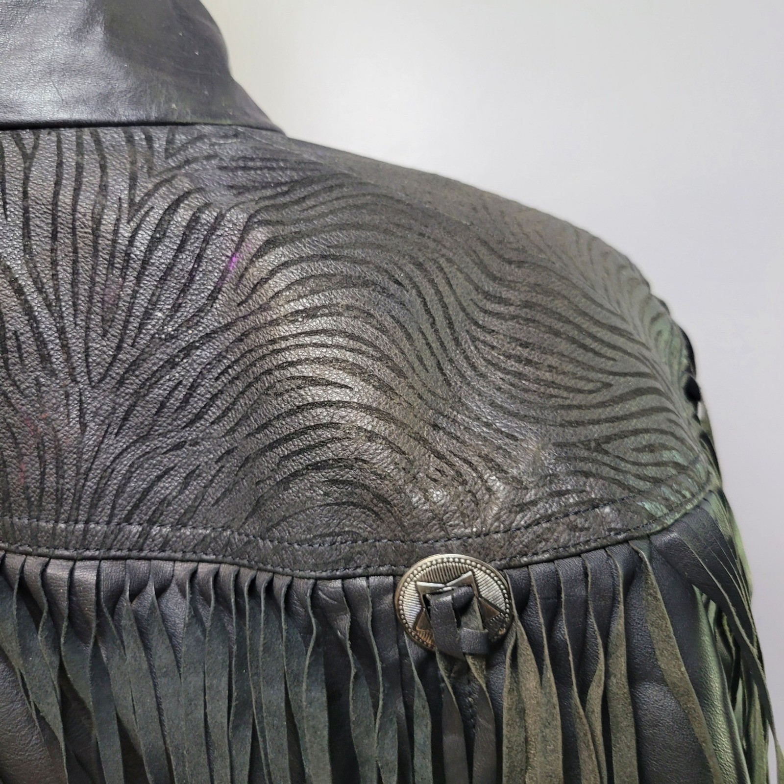 Vintage Black Leather Fringe Western Jacket Zebra Embossed Concho Cropped 90s