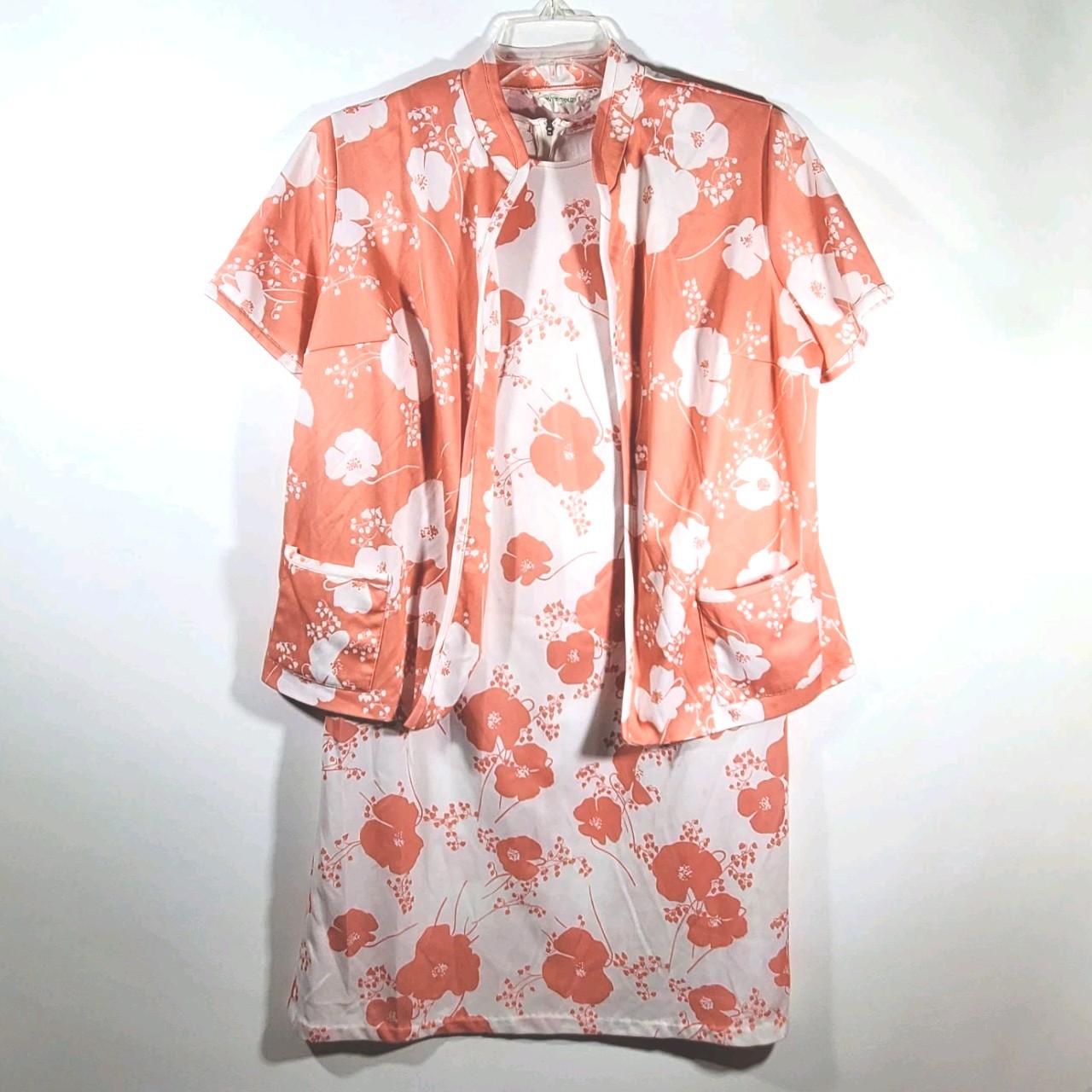 VTG 60s 70s Forever Young Shift Dress Jacket Set Floral Mod Peach White Retro