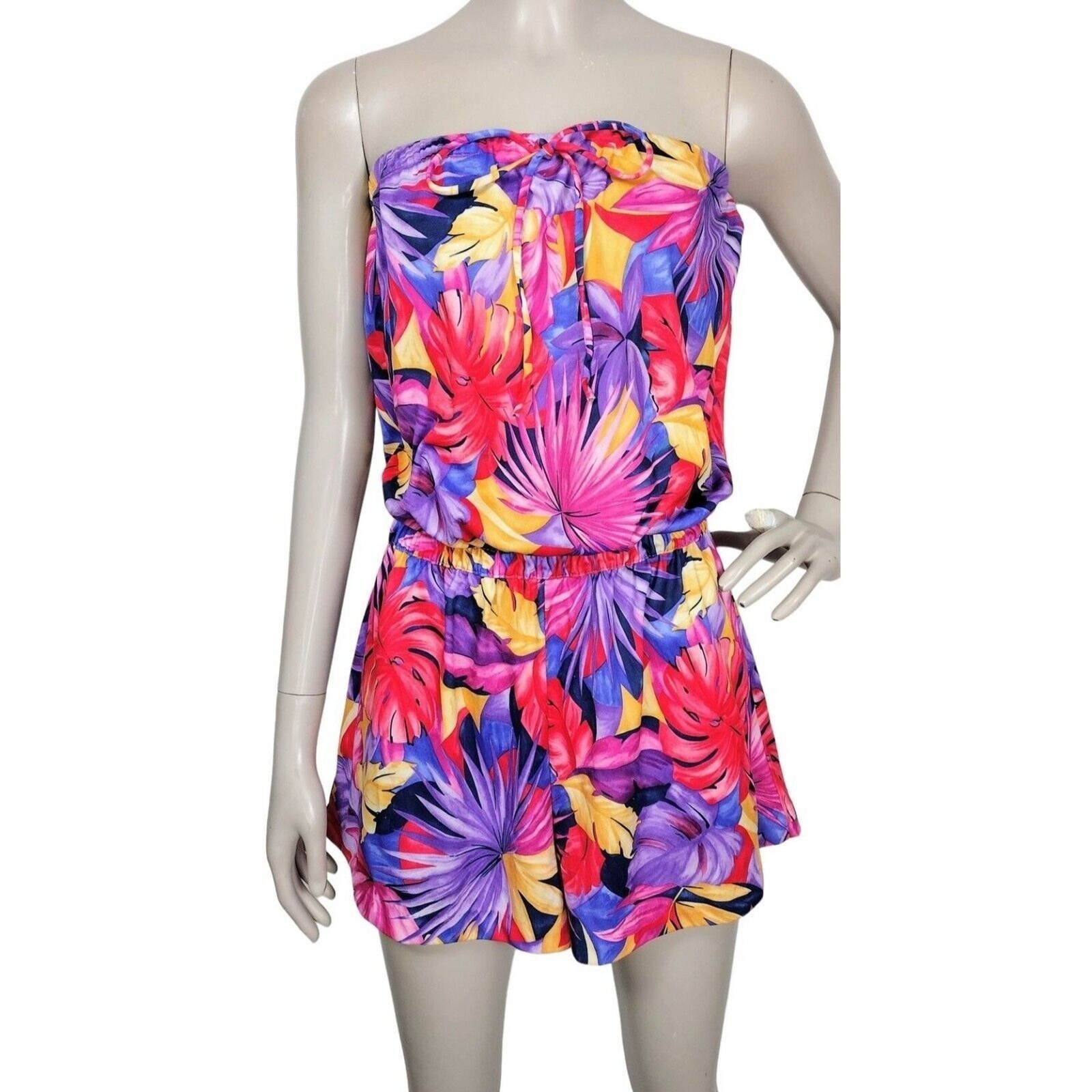 Vintage 70’s Colorful Strapless All Over Palm Leaf Print Short Romper Granada