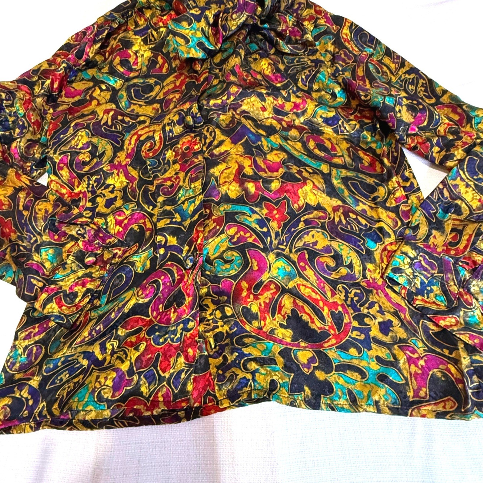 Vintage Jewel Tone Baroque Paisley Satin Pussybow Tie Neck Blouse Top